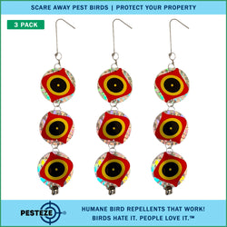 3 Pack PESTEZE® Set of 3 Holographic Shiny Circles with Predator Eyes & Bell [3 x 15 inch] Reflection Scares Pest Birds like Woodpeckers, Sparrows, Pigeons, Crows, Gulls & Critters without Harming them