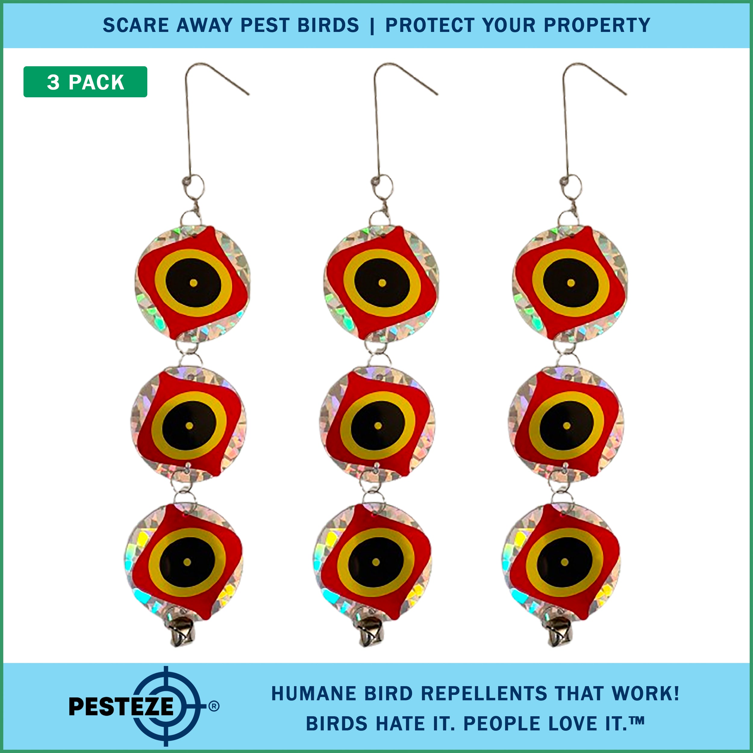 3 Pack PESTEZE® Set of 3 Holographic Shiny Circles with Predator Eyes & Bell [3 x 15 inch] Reflection Scares Pest Birds like Woodpeckers, Sparrows, Pigeons, Crows, Gulls & Critters without Harming them