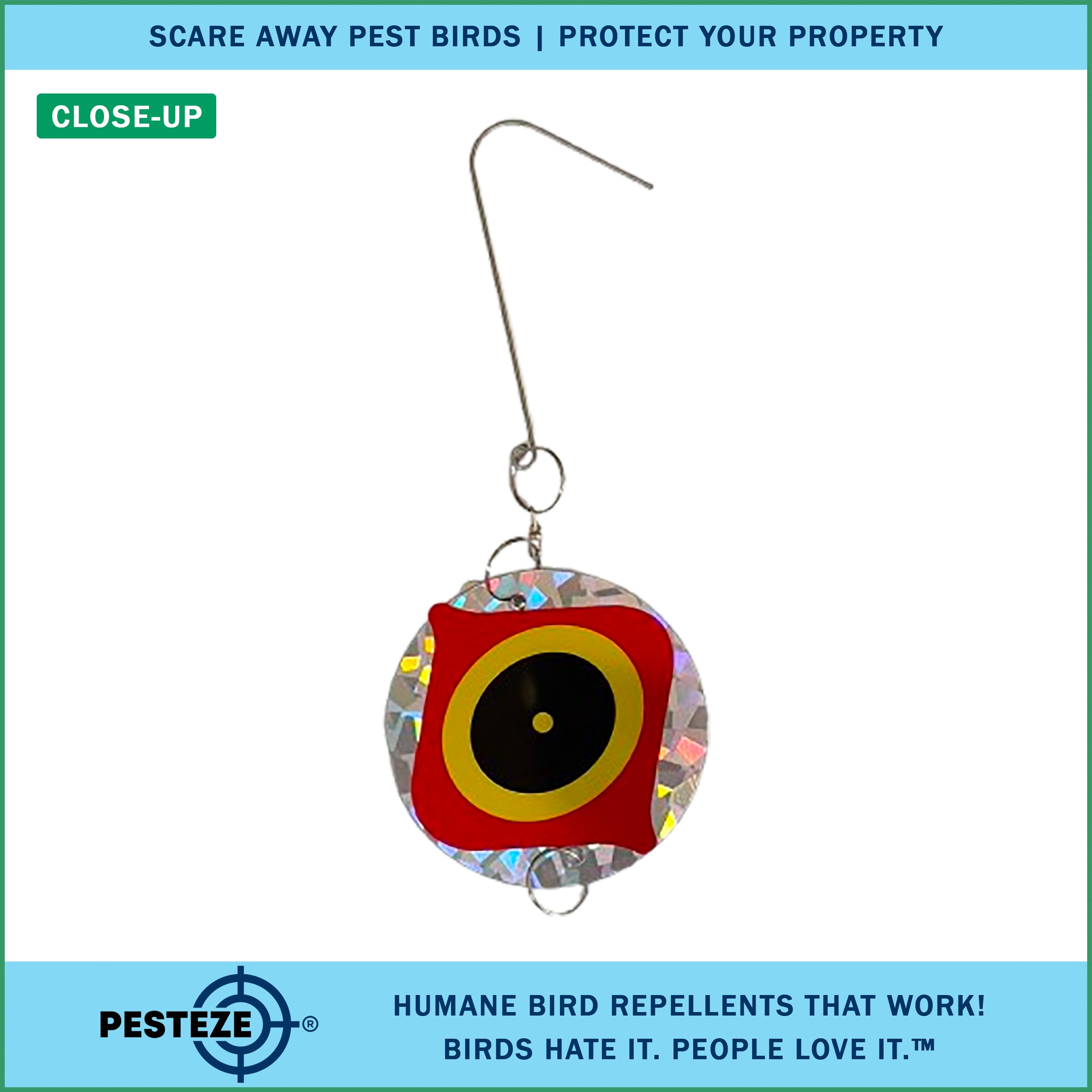 3 Pack PESTEZE® Set of 3 Holographic Shiny Circles with Predator Eyes & Bell [3 x 15 inch] Reflection Scares Pest Birds like Woodpeckers, Sparrows, Pigeons, Crows, Gulls & Critters without Harming them