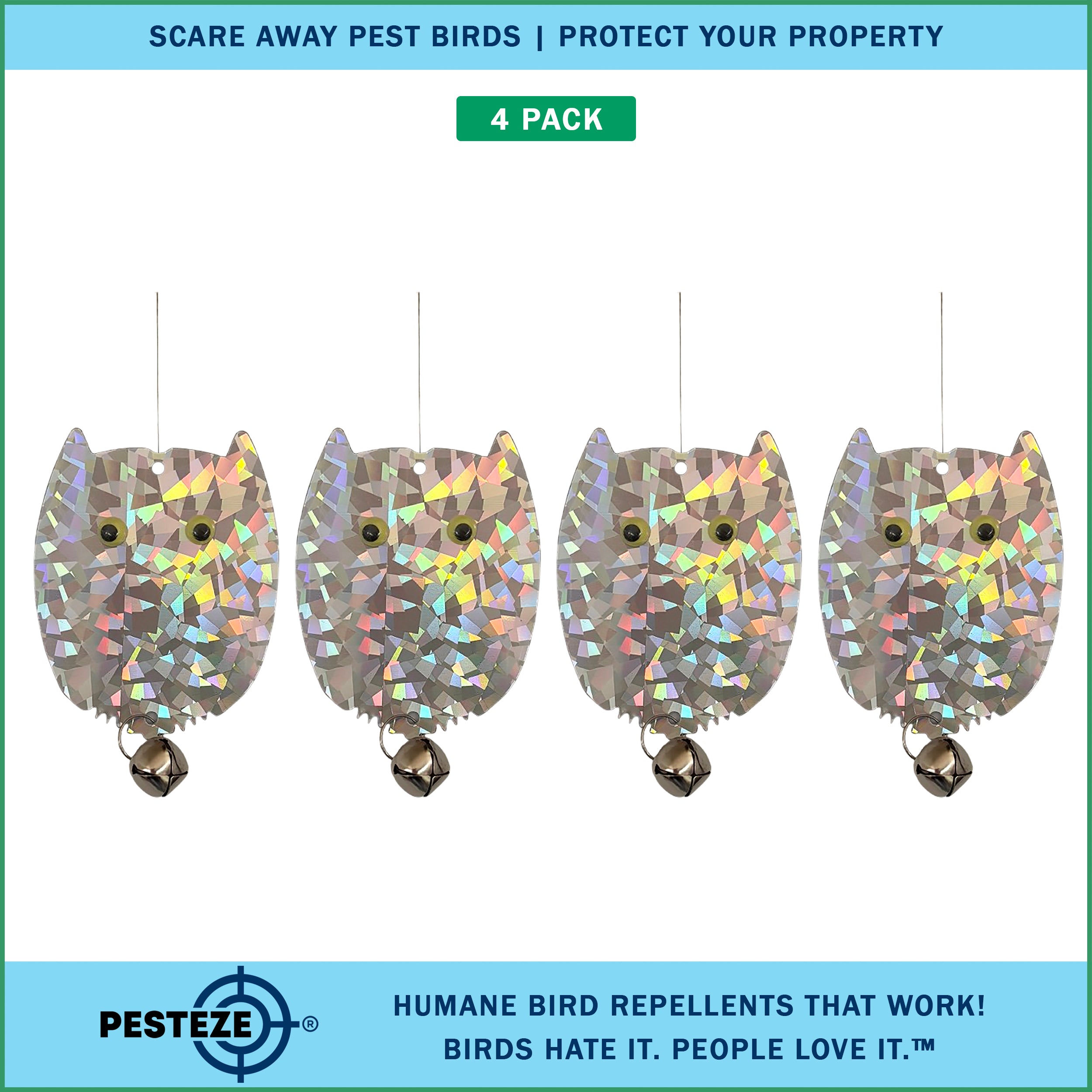 4 Pack PESTEZE® Holographic Shiny Owl Bird Repellents with Bell [3.5 x 5 inch] Reflection Scares Pest Birds like Woodpeckers, Sparrows, Pigeons, Crows & Gulls without Harming them to Protect Property