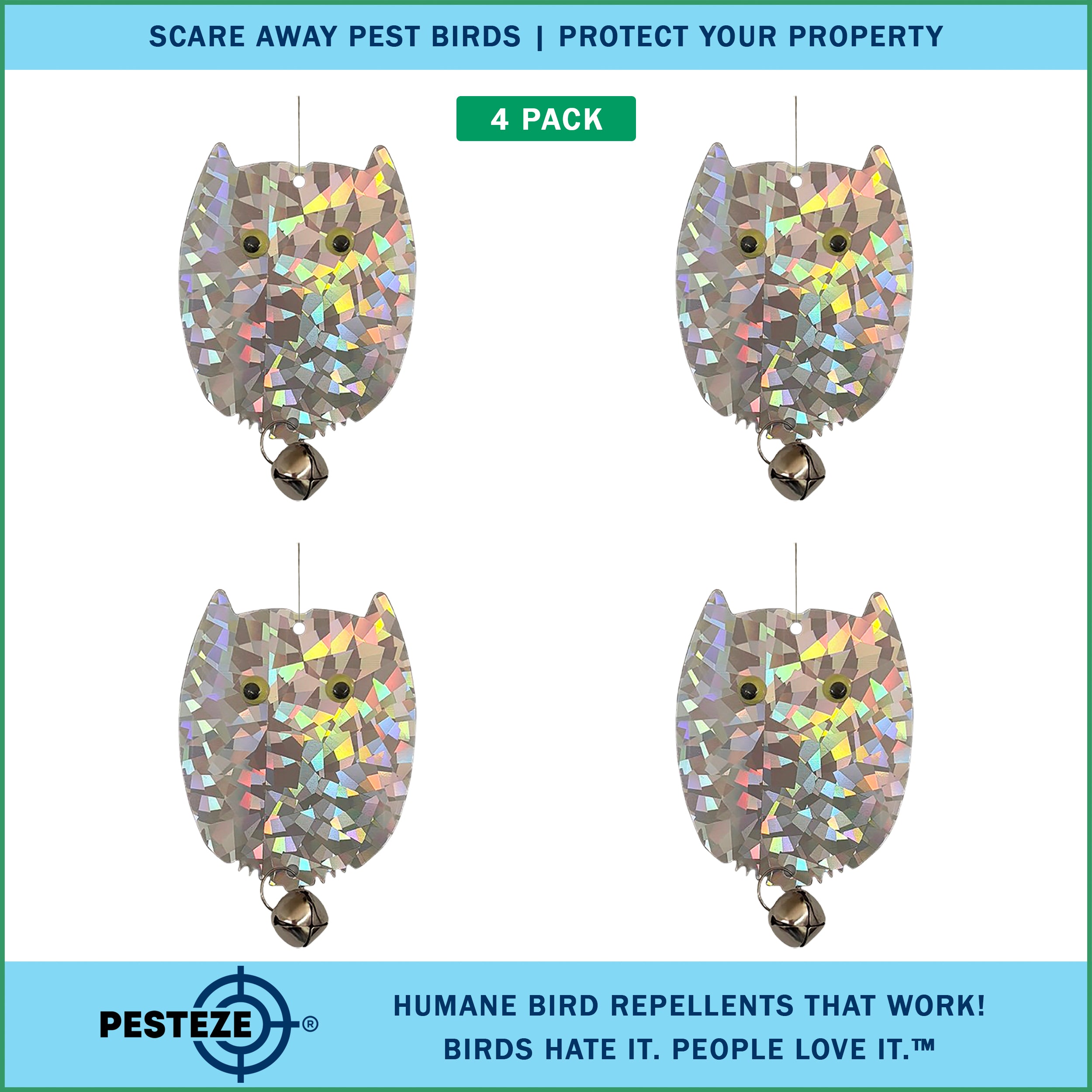 4 Pack PESTEZE® Holographic Shiny Owl Bird Repellents with Bell [3.5 x 5 inch] Reflection Scares Pest Birds like Woodpeckers, Sparrows, Pigeons, Crows & Gulls without Harming them to Protect Property