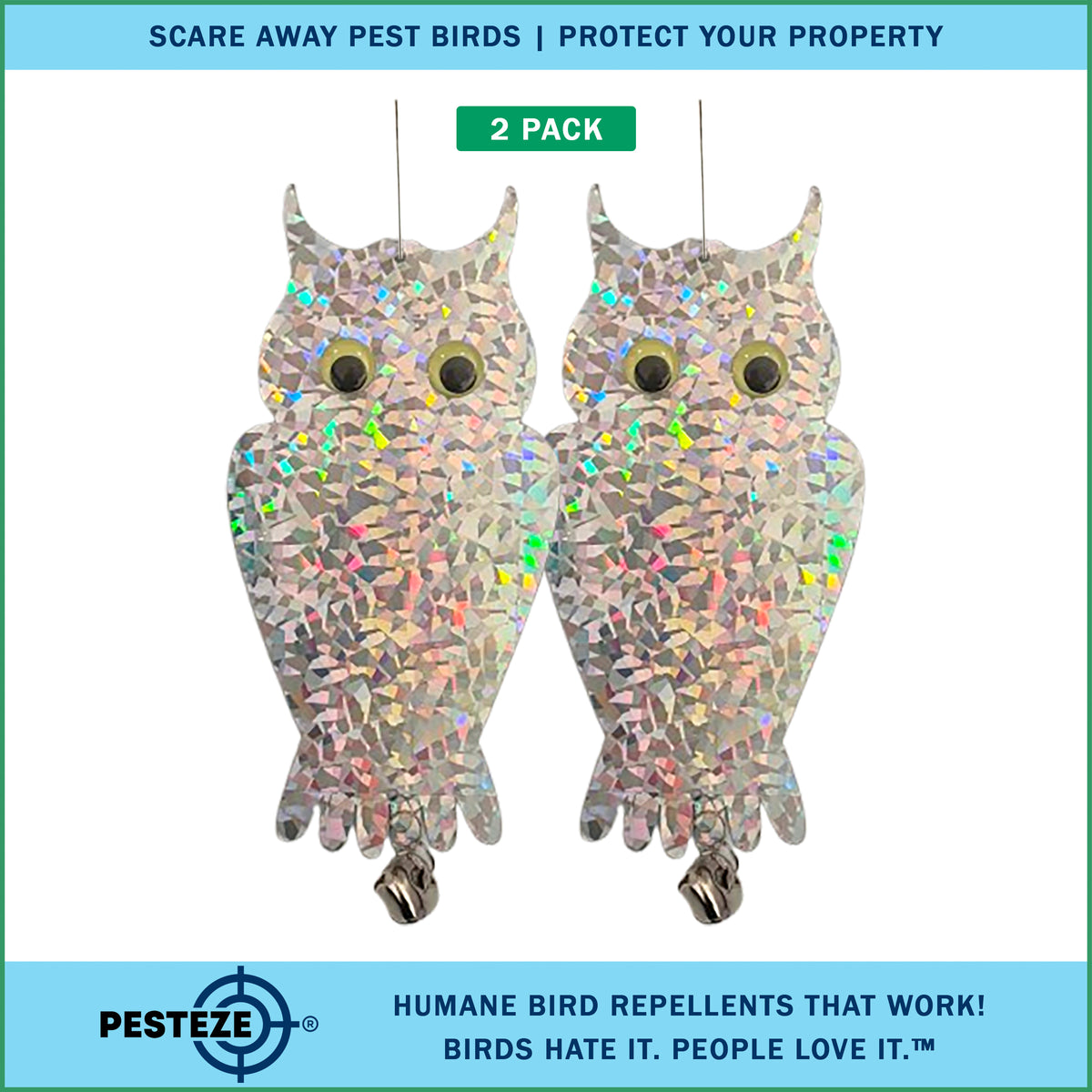 PESTEZE® USA Owl Bird Deterrent Reflective Hanging Decoy Repellent with Bell, 2 Pack 6 x 13.5 in Shiny Scare Device Keep Birds Away Outdoor Porch Garden Yard Patio Protect Property