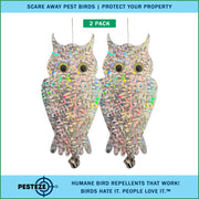 PESTEZE® USA Owl Bird Deterrent Reflective Hanging Decoy Repellent with Bell, 2 Pack 6 x 13.5 in Shiny Scare Device Keep Birds Away Outdoor Porch Garden Yard Patio Protect Property