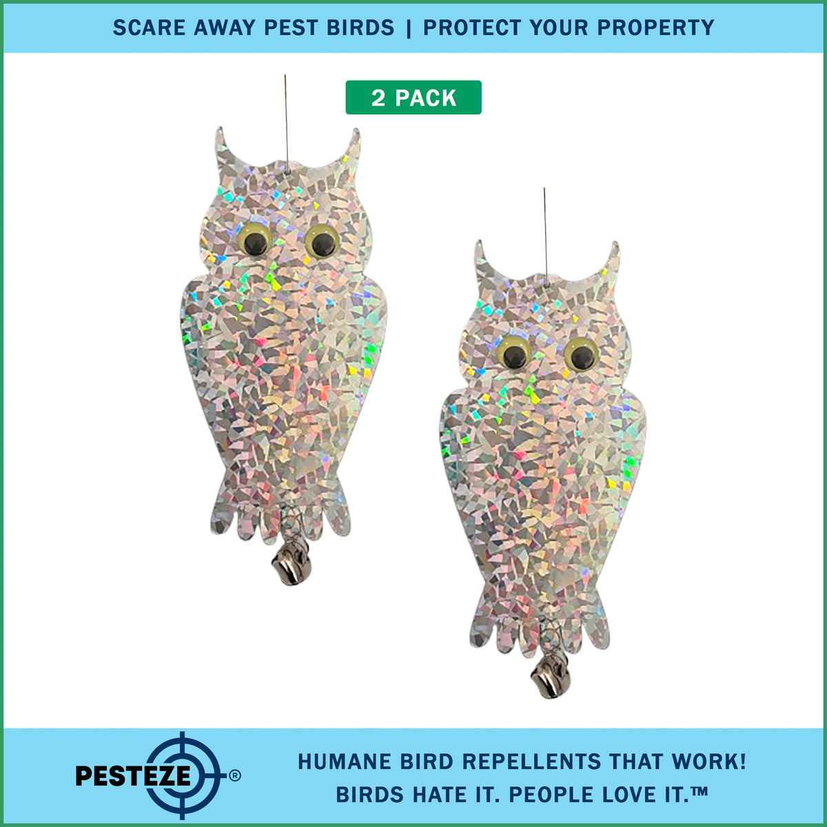 PESTEZE® USA Owl Bird Deterrent Reflective Hanging Decoy Repellent with Bell, 2 Pack 6 x 13.5 in Shiny Scare Device Keep Birds Away Outdoor Porch Garden Yard Patio Protect Property