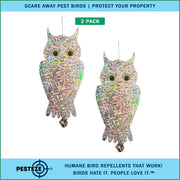 PESTEZE® USA Owl Bird Deterrent Reflective Hanging Decoy Repellent with Bell, 2 Pack 6 x 13.5 in Shiny Scare Device Keep Birds Away Outdoor Porch Garden Yard Patio Protect Property