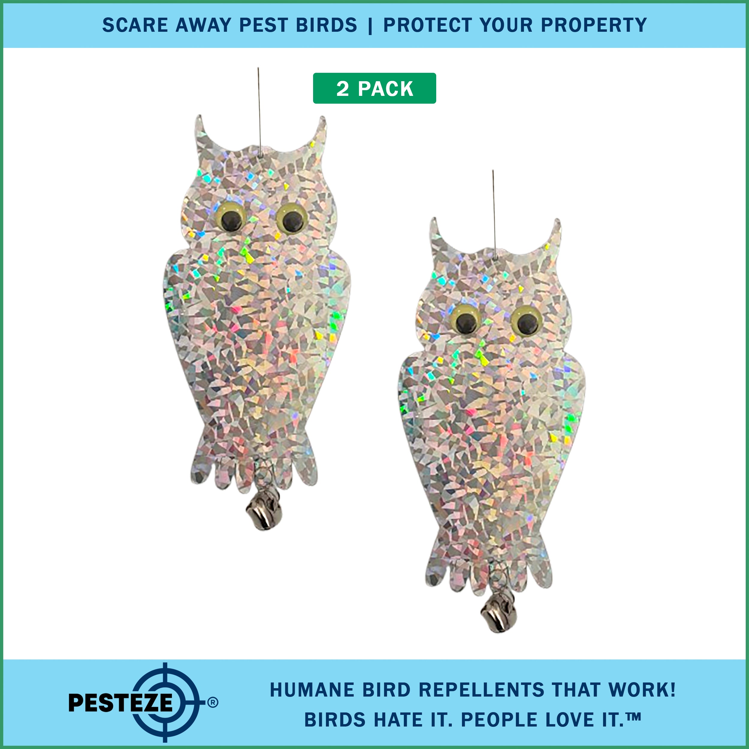 2 Pack PESTEZE® Holographic Shiny Owl Bird Repellent with Bell [6 x 13.5 inch] Reflection Scares Pest Birds like Woodpeckers, Sparrows, Pigeons, Crows, & Gulls Without Harming them to Protect Property