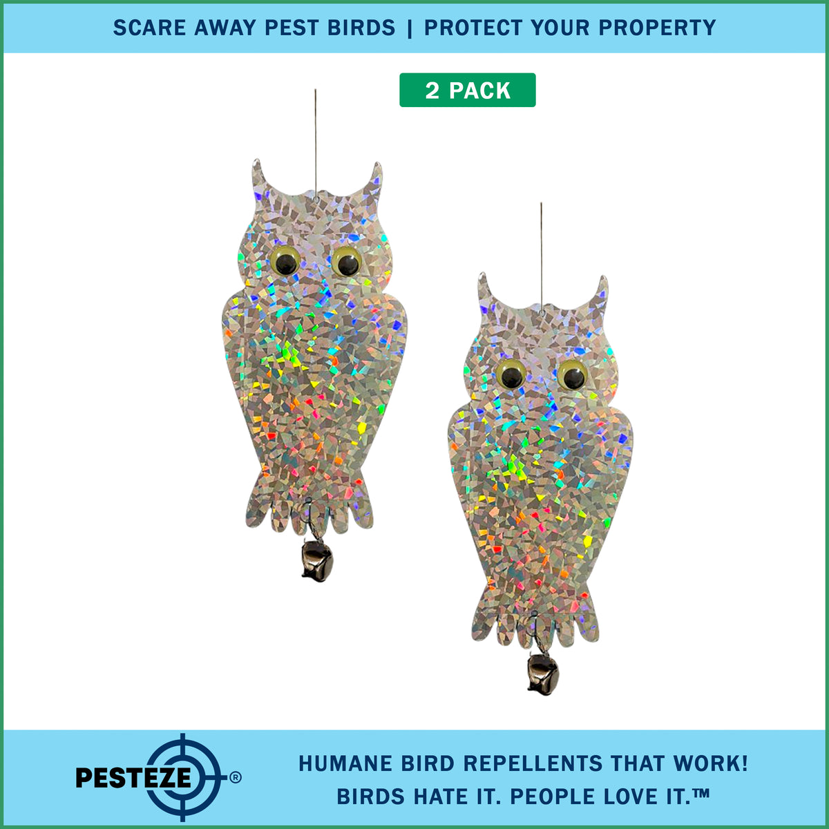 PESTEZE® USA Owl Bird Deterrent Reflective Hanging Decoy Repellent with Bell, 2 Pack 6 x 13.5 in Shiny Scare Device Keep Birds Away Outdoor Porch Garden Yard Patio Protect Property