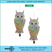 PESTEZE® USA Owl Bird Deterrent Reflective Hanging Decoy Repellent with Bell, 2 Pack 6 x 13.5 in Shiny Scare Device Keep Birds Away Outdoor Porch Garden Yard Patio Protect Property