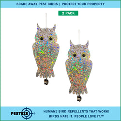 2 Pack PESTEZE® Holographic Shiny Owl Bird Repellent with Bell [6 x 13.5 inch] Reflection Scares Pest Birds like Woodpeckers, Sparrows, Pigeons, Crows, & Gulls Without Harming them to Protect Property