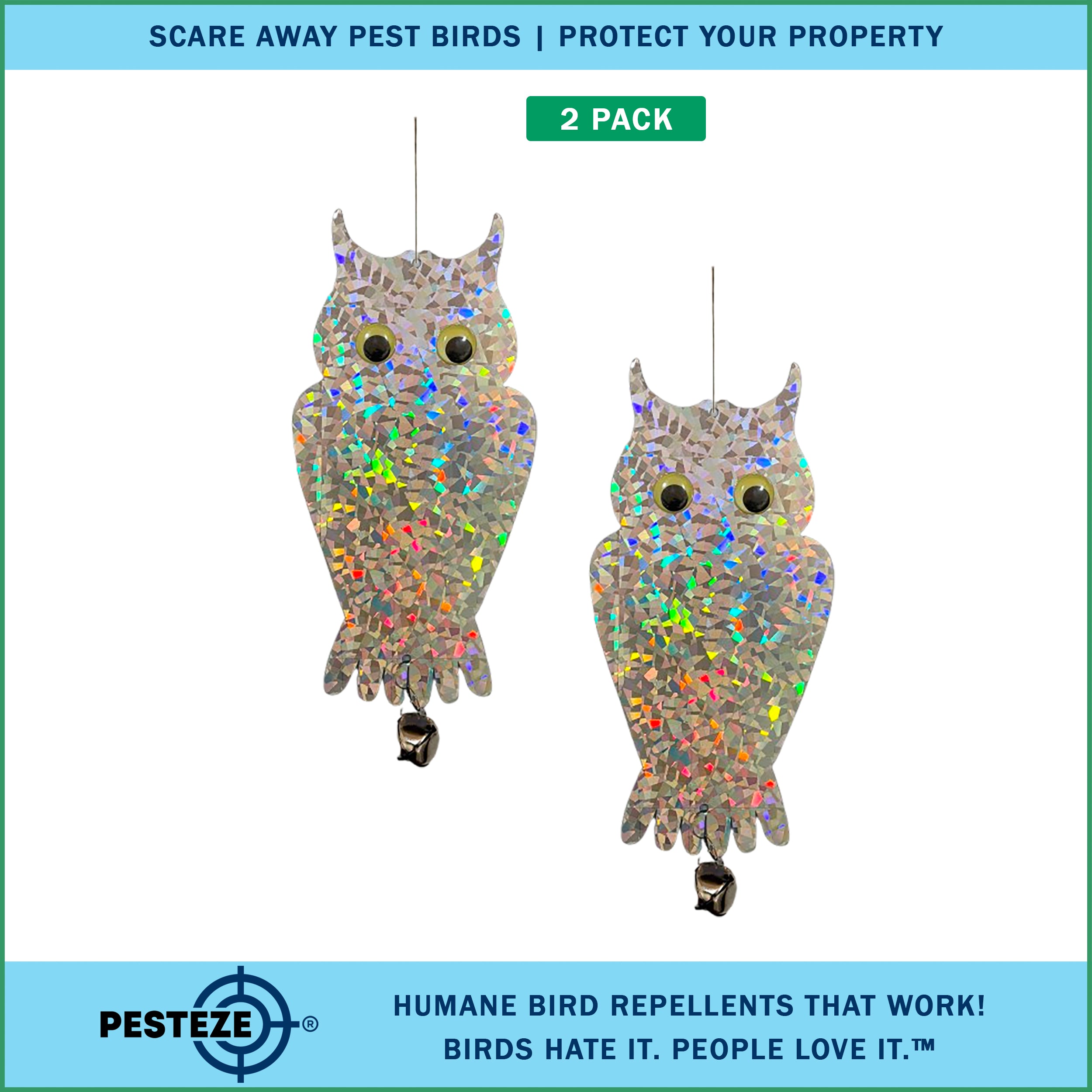 2 Pack PESTEZE® Holographic Shiny Owl Bird Repellent with Bell [6 x 13.5 inch] Reflection Scares Pest Birds like Woodpeckers, Sparrows, Pigeons, Crows, & Gulls Without Harming them to Protect Property