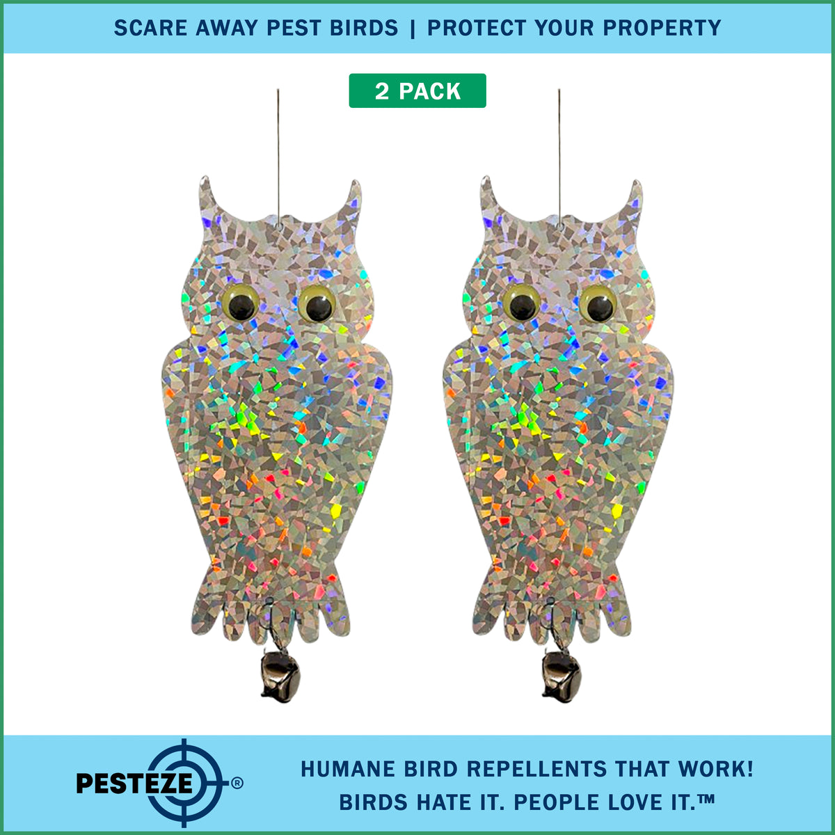 PESTEZE® USA Owl Bird Deterrent Reflective Hanging Decoy Repellent with Bell, 2 Pack 6 x 13.5 in Shiny Scare Device Keep Birds Away Outdoor Porch Garden Yard Patio Protect Property
