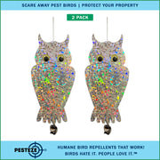 PESTEZE® USA Owl Bird Deterrent Reflective Hanging Decoy Repellent with Bell, 2 Pack 6 x 13.5 in Shiny Scare Device Keep Birds Away Outdoor Porch Garden Yard Patio Protect Property