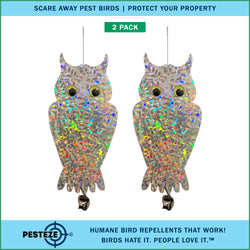 2 Pack PESTEZE® Holographic Shiny Owl Bird Repellent with Bell [6 x 13.5 inch] Reflection Scares Pest Birds like Woodpeckers, Sparrows, Pigeons, Crows, & Gulls Without Harming them to Protect Property