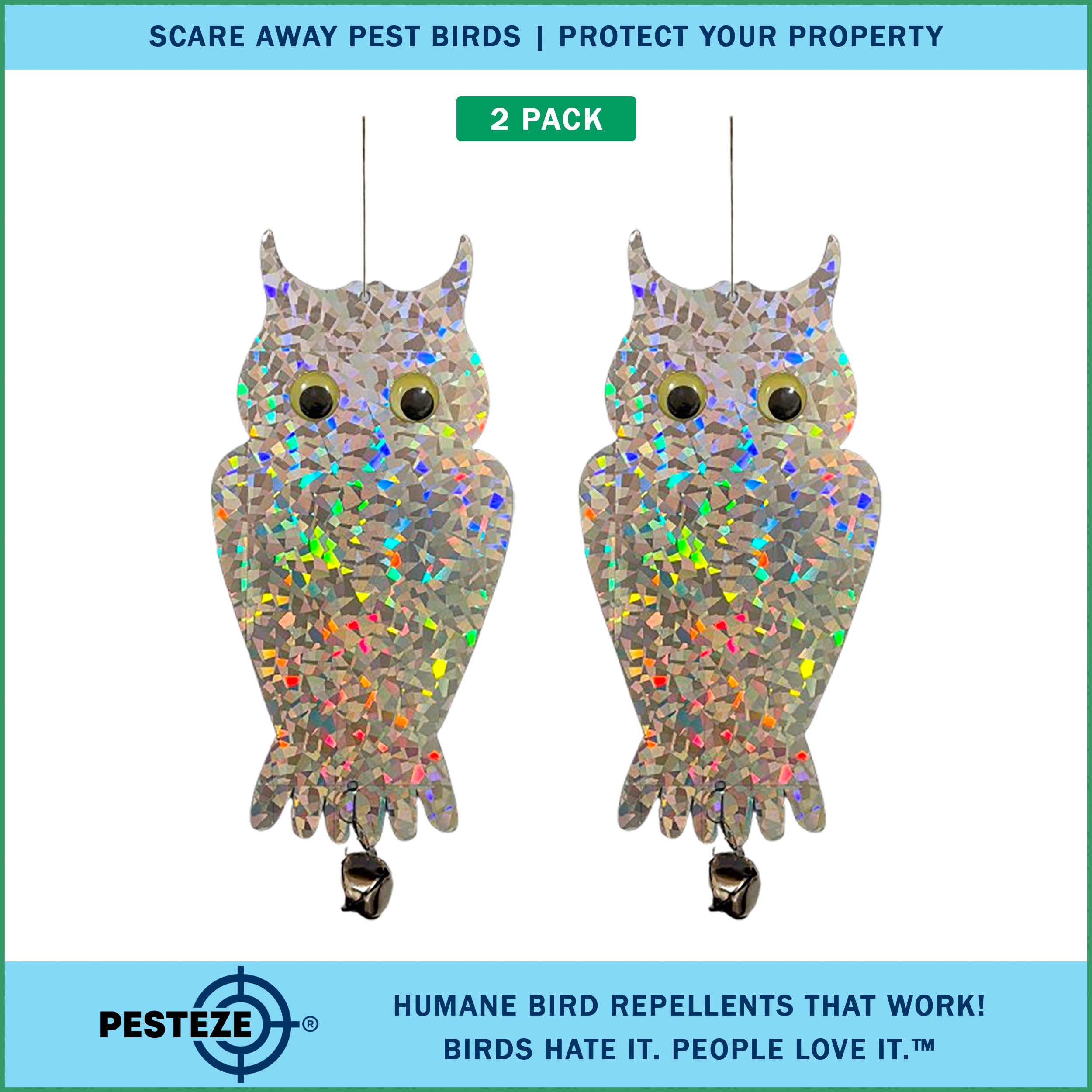 2 Pack PESTEZE® Holographic Shiny Owl Bird Repellent with Bell [6 x 13.5 inch] Reflection Scares Pest Birds like Woodpeckers, Sparrows, Pigeons, Crows, & Gulls Without Harming them to Protect Property