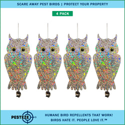 4 Pack PESTEZE® Shiny Holographic Owl Bird Repellent with Bell & Swivel [6 x 13.5 inch] Reflection Scares Pest Birds like Woodpeckers, Sparrows, Pigeons, Crows & Gulls without Harming them to Protect Property