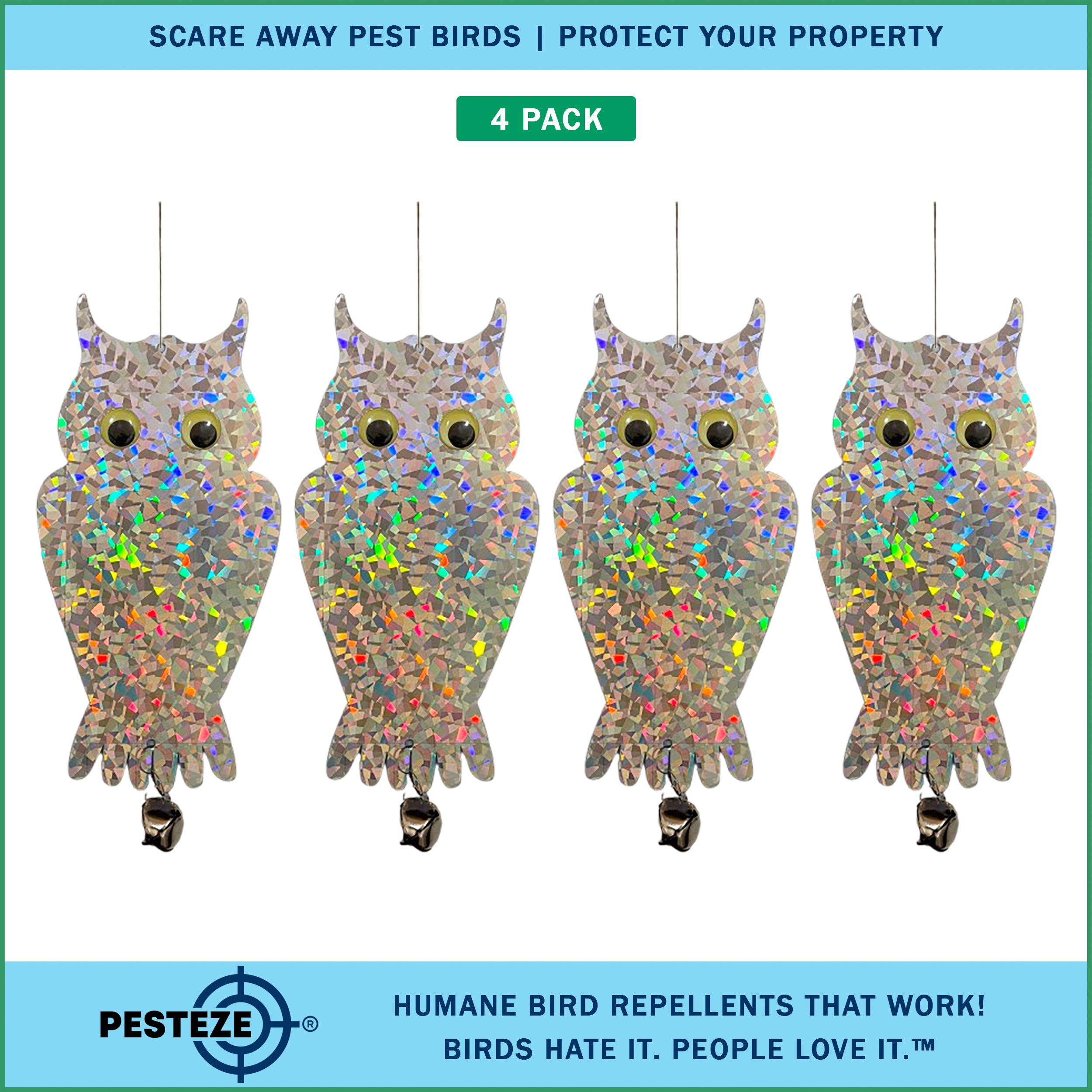 4 Pack PESTEZE® Shiny Holographic Owl Bird Repellent with Bell & Swivel [6 x 13.5 inch] Reflection Scares Pest Birds like Woodpeckers, Sparrows, Pigeons, Crows & Gulls without Harming them to Protect Property