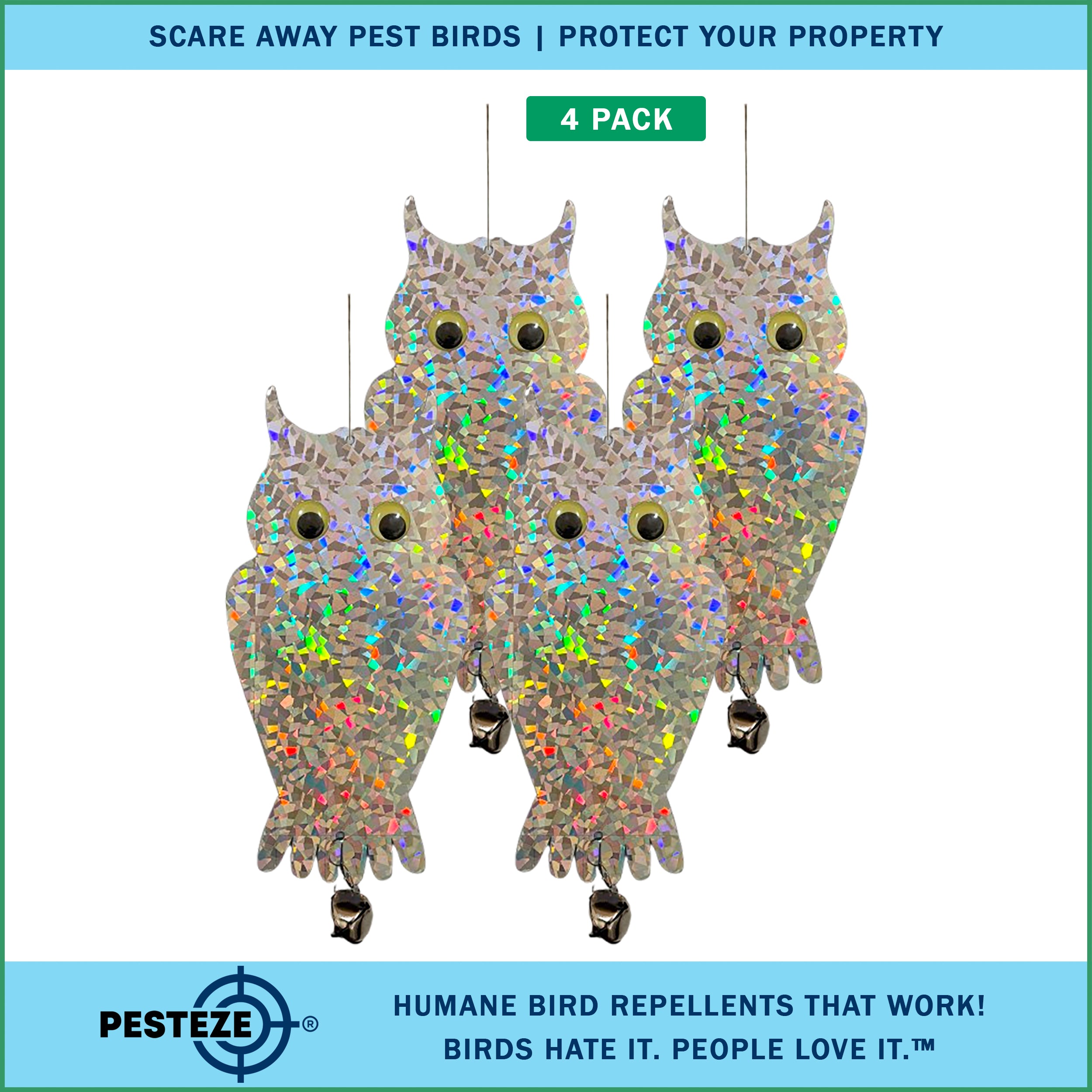 4 Pack PESTEZE® Shiny Holographic Owl Bird Repellent with Bell & Swivel [6 x 13.5 inch] Reflection Scares Pest Birds like Woodpeckers, Sparrows, Pigeons, Crows & Gulls without Harming them to Protect Property