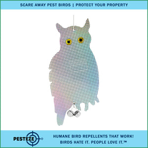 PESTEZE® Holographic Shiny Owl Bird Repellent With 2 Bells [9 x 15 inch] Reflection & Sound Scares Woodpeckers, Pigeons, Crows, Ducks, Geese & Critters from Yards Without Harming them to Protect Property