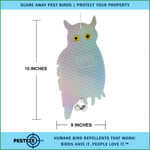 PESTEZE® Holographic Shiny Owl Bird Repellent With 2 Bells [9 x 15 inch] Reflection & Sound Scares Woodpeckers, Pigeons, Crows, Ducks, Geese & Critters from Yards Without Harming them to Protect Property