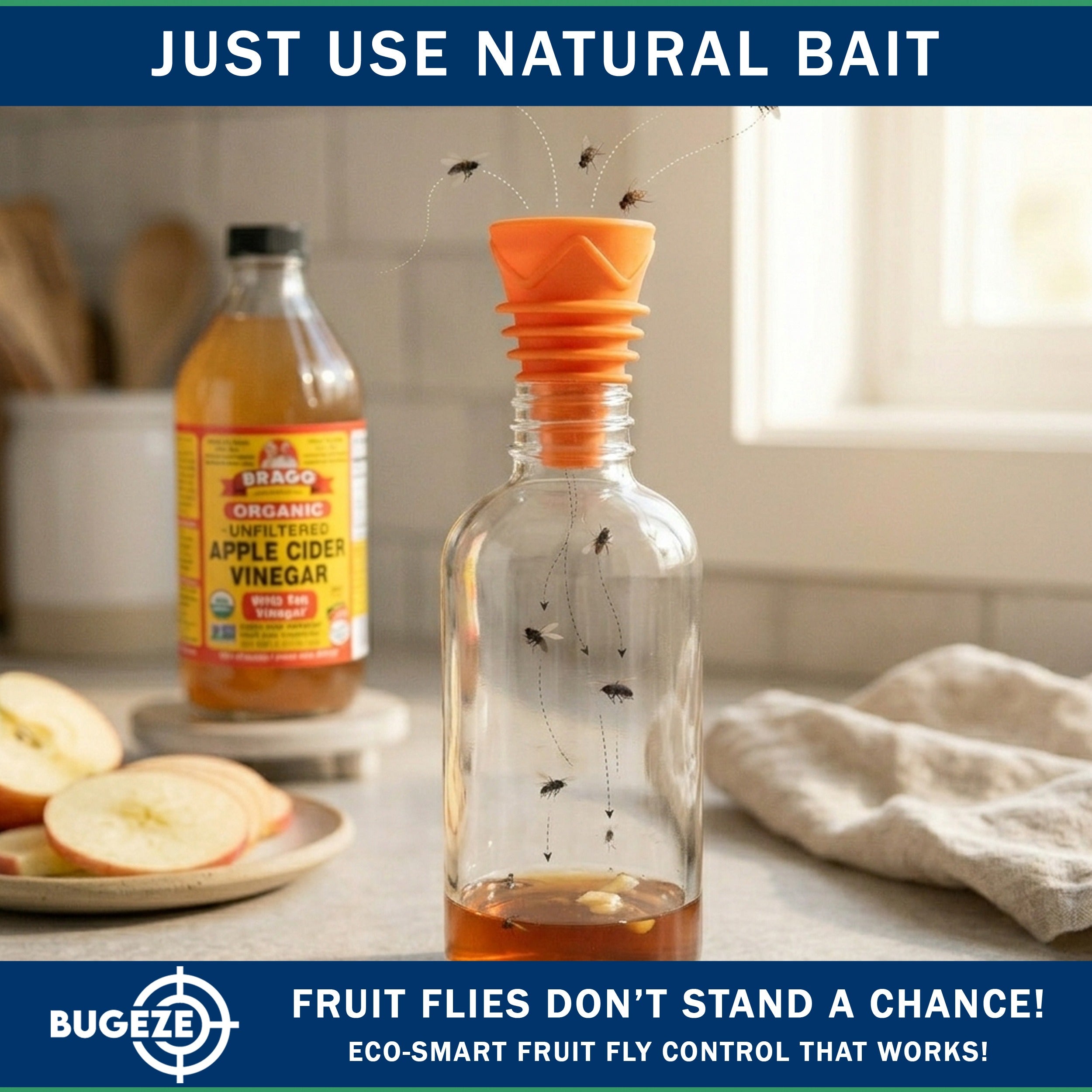BUGEZE® USA Reusable Fruit Fly Trap for Indoors – Natural Bottle Top Gnat Trap for Kitchen & Home, Durable Indoor Fruit Fly Catcher for Counters, Pantry & Sink Areas [12 Pack Orange]