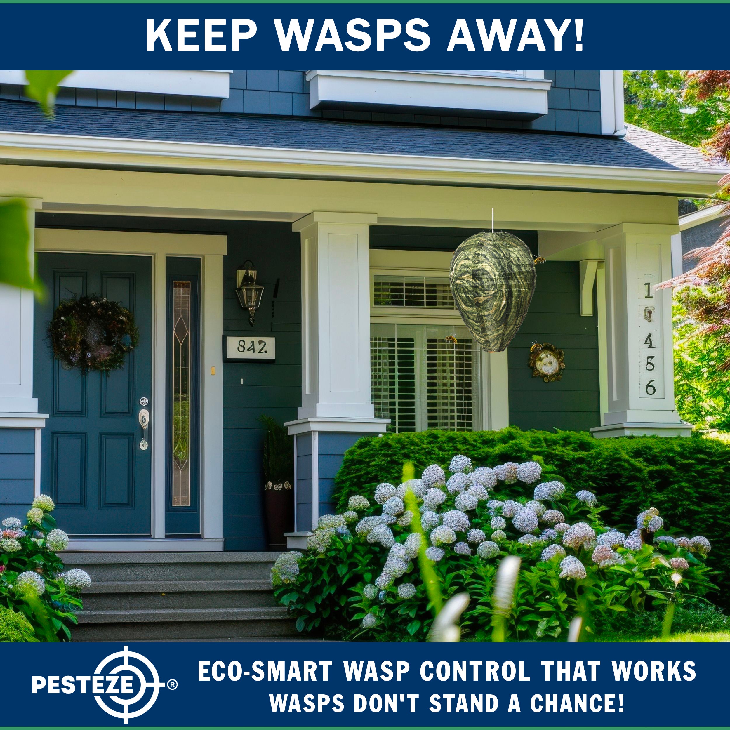 PESTEZE® USA Green Camo Waterproof Hanging Wasp Decoy Nest [11.8 x 8.6 Inch] Deters Several Wasp, Hornet & Yellow Jacket Species by Simulating Enemy Hives.