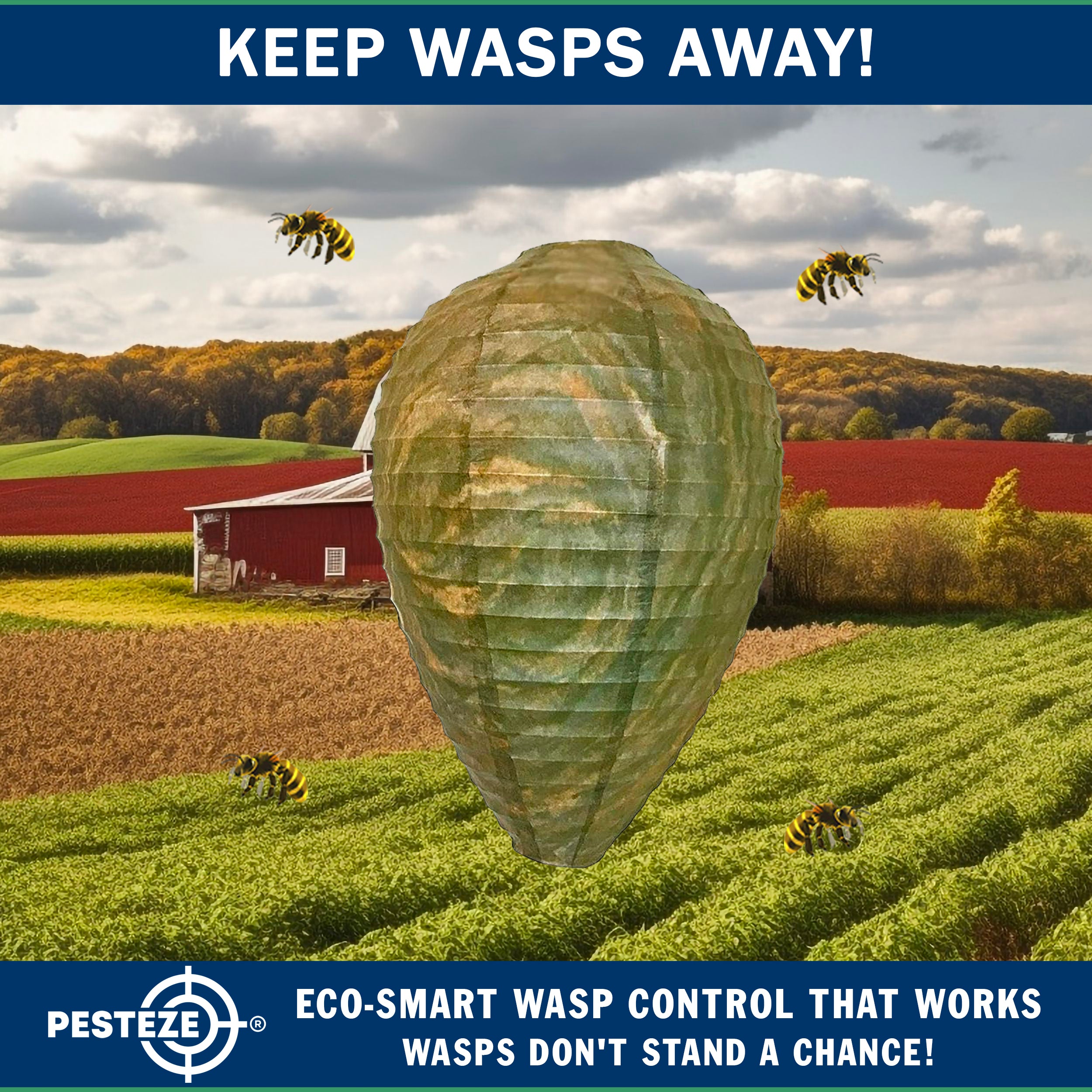 PESTEZE® USA Green Camo Paper Hanging Wasp Decoy Nest [11.8 x 8.6 Inch] Deters Several Wasp, Hornet & Yellow Jacket Species without Harsh Chemicals by Simulating Enemy Hives.