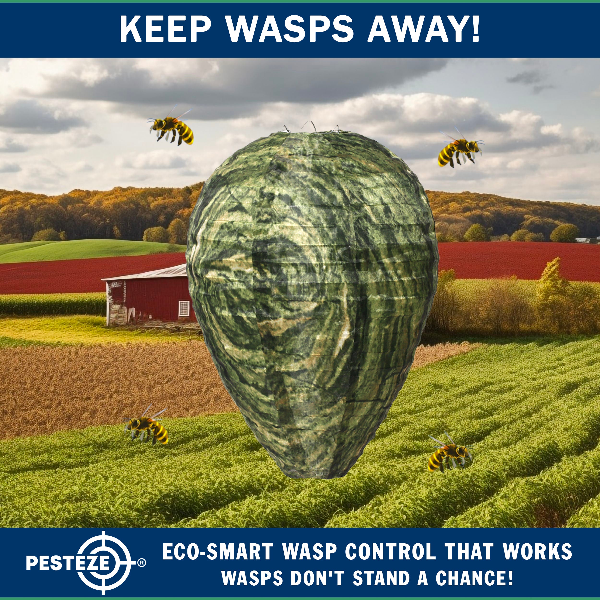 PESTEZE® USA Green Camo Waterproof Hanging Wasp Decoy Nest [11.8 x 8.6 Inch] Deters Several Wasp, Hornet & Yellow Jacket Species by Simulating Enemy Hives.