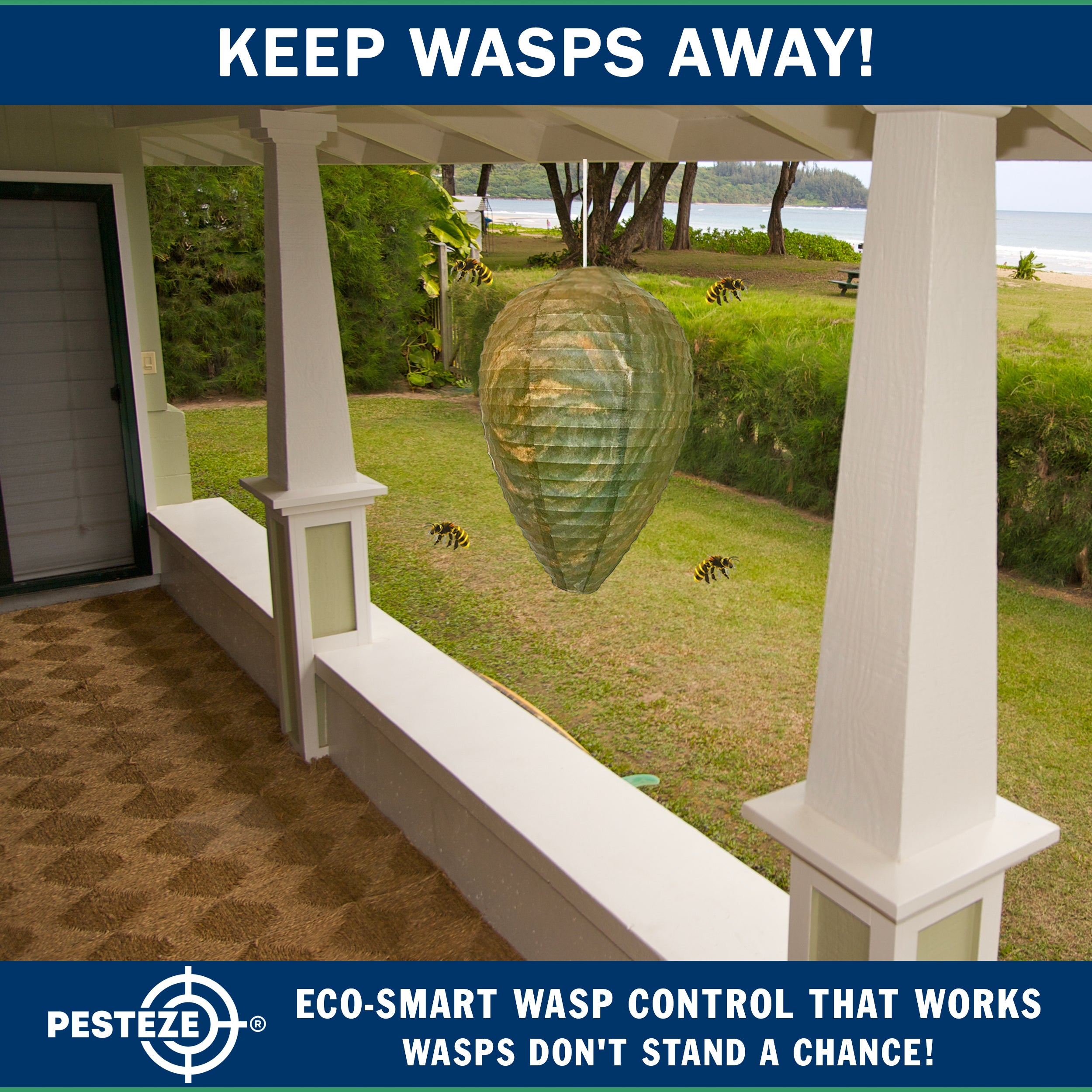 PESTEZE® USA Green Camo Paper Hanging Wasp Decoy Nest [11.8 x 8.6 Inch] Deters Several Wasp, Hornet & Yellow Jacket Species without Harsh Chemicals by Simulating Enemy Hives.