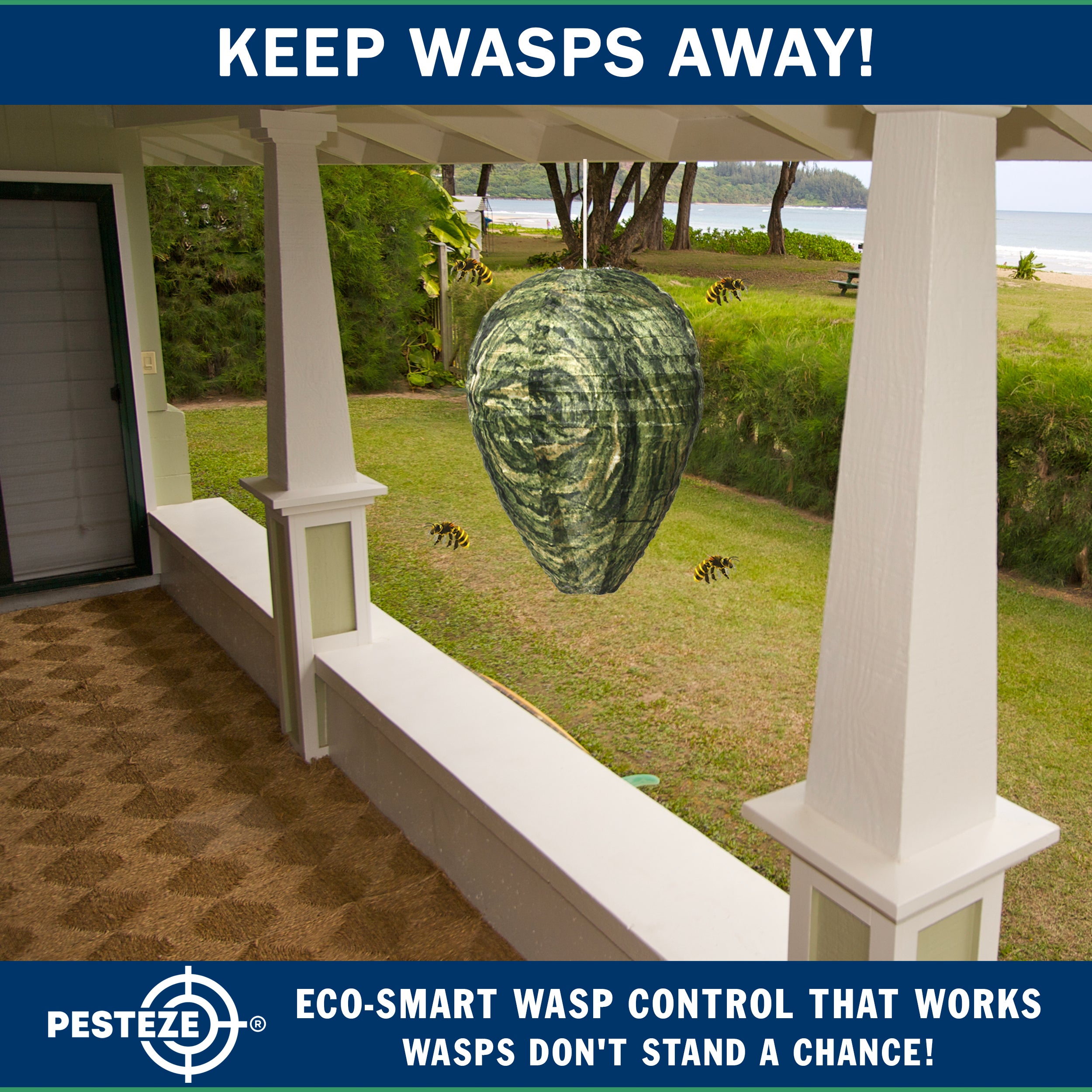 PESTEZE® USA Green Camo Waterproof Hanging Wasp Decoy Nest [11.8 x 8.6 Inch] Deters Several Wasp, Hornet & Yellow Jacket Species by Simulating Enemy Hives.