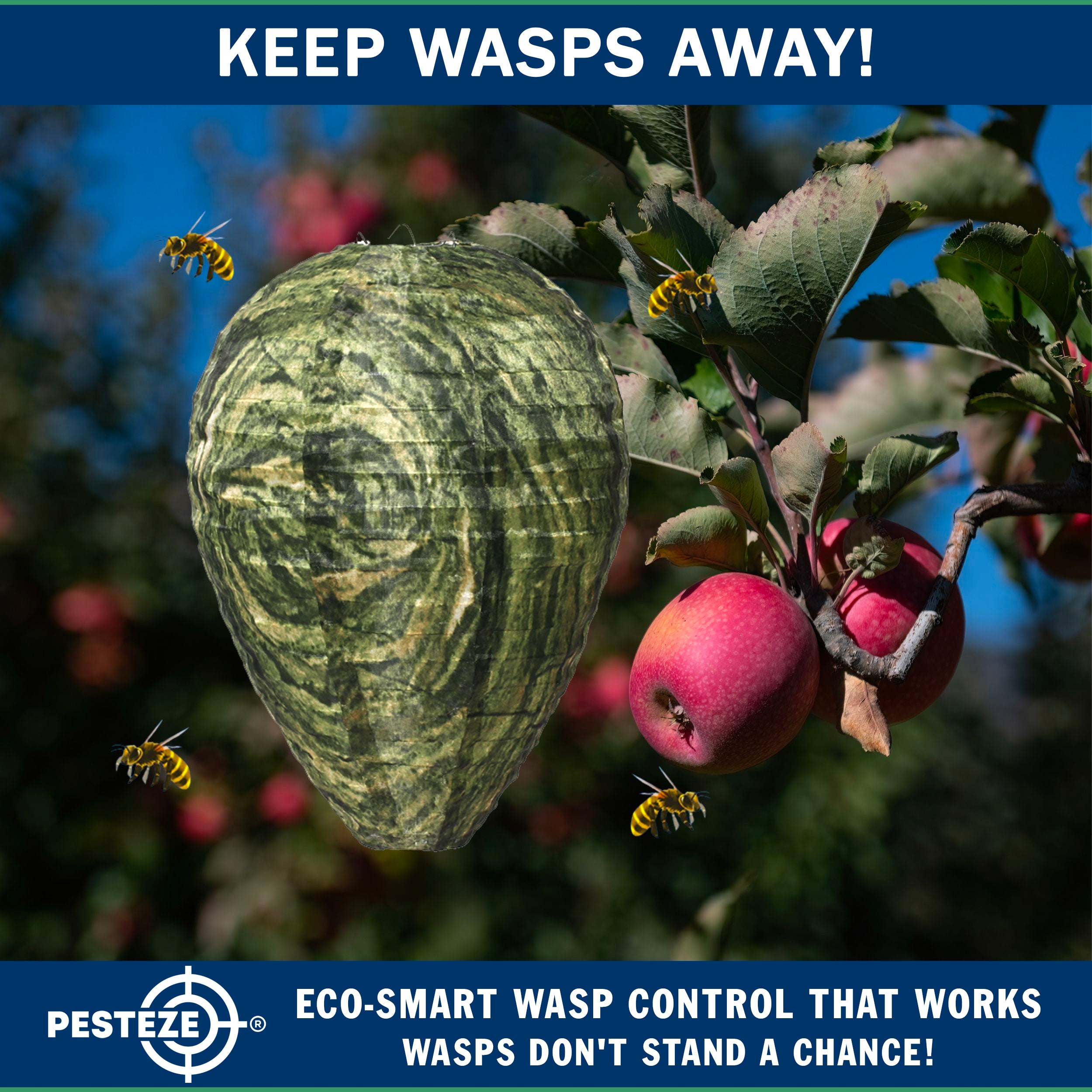 PESTEZE® USA Green Camo Waterproof Hanging Wasp Decoy Nest [11.8 x 8.6 Inch] Deters Several Wasp, Hornet & Yellow Jacket Species by Simulating Enemy Hives.