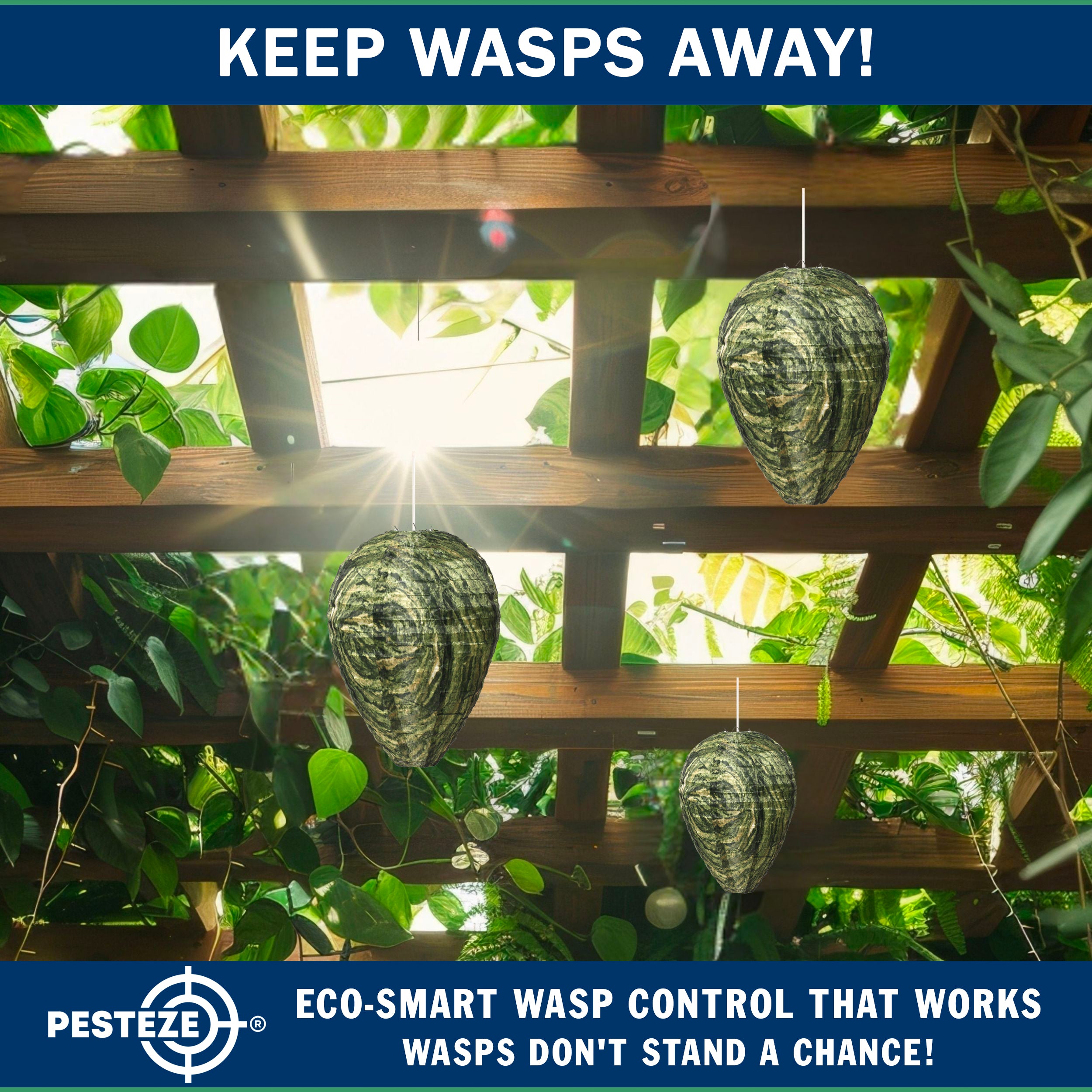 PESTEZE® USA Green Camo Waterproof Hanging Wasp Decoy Nest [11.8 x 8.6 Inch] Deters Several Wasp, Hornet & Yellow Jacket Species by Simulating Enemy Hives.