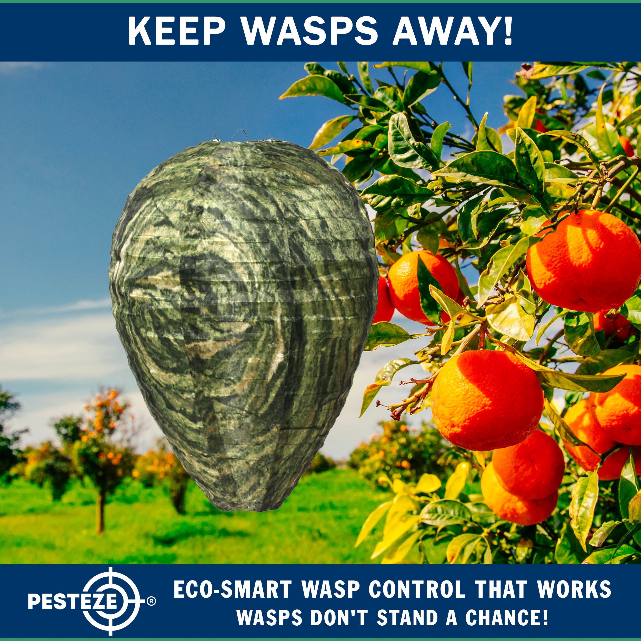 PESTEZE® USA Green Camo Waterproof Hanging Wasp Decoy Nest [11.8 x 8.6 Inch] Deters Several Wasp, Hornet & Yellow Jacket Species by Simulating Enemy Hives.