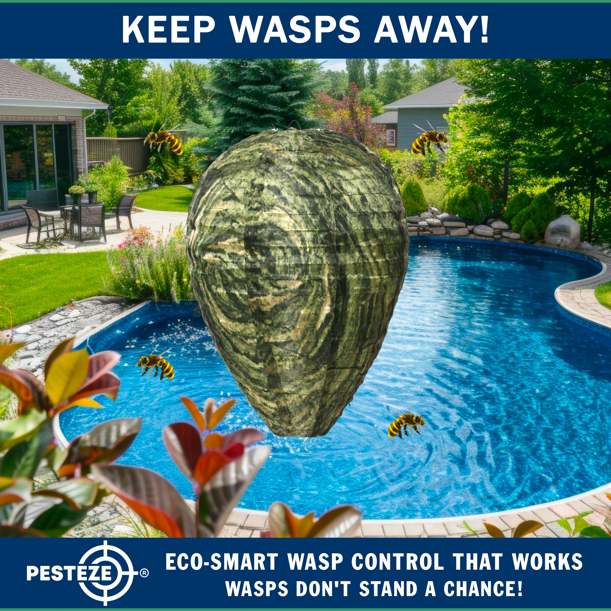 PESTEZE® USA Green Camo Waterproof Hanging Wasp Decoy Nest [11.8 x 8.6 Inch] Deters Several Wasp, Hornet & Yellow Jacket Species by Simulating Enemy Hives.