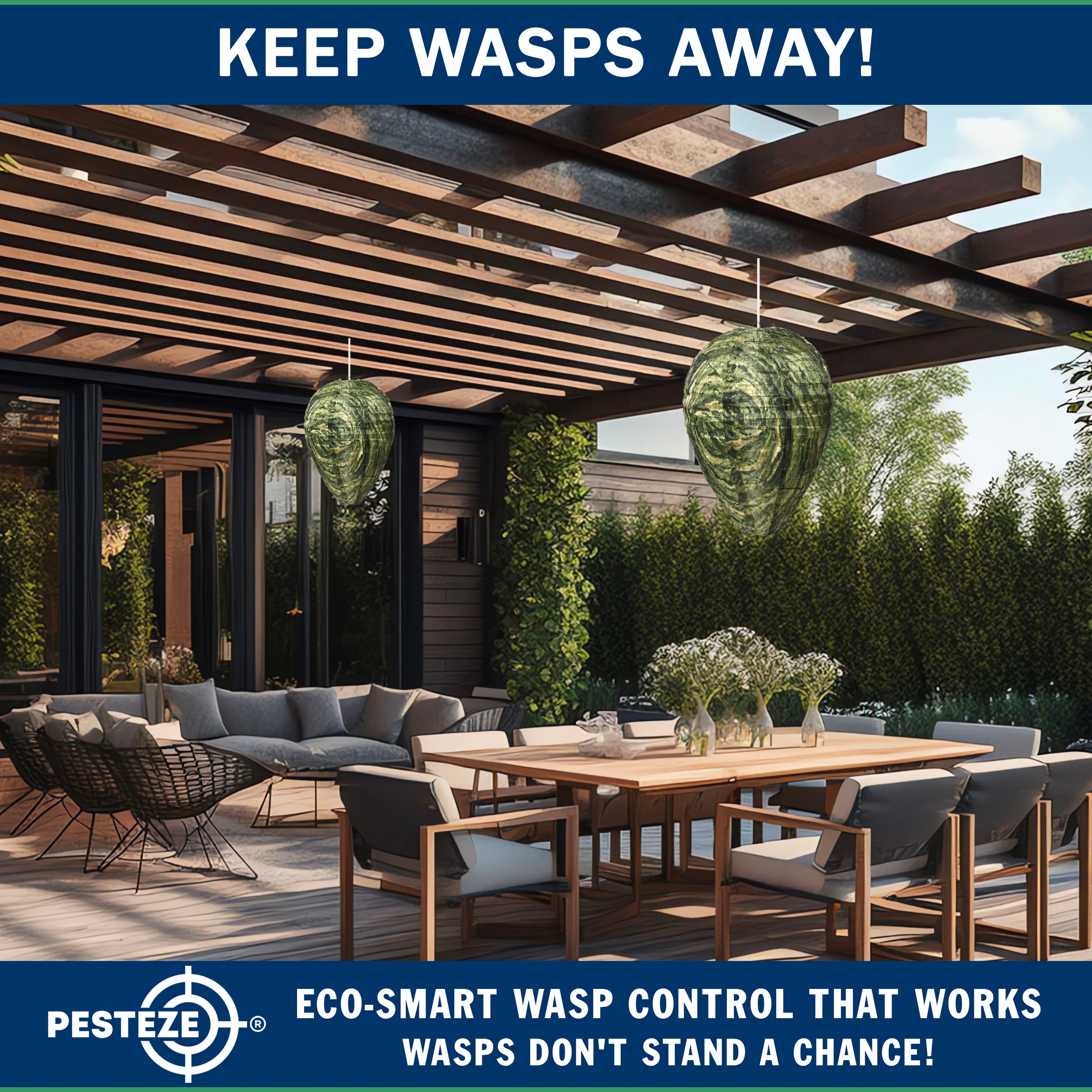 PESTEZE® USA Green Camo Waterproof Hanging Wasp Decoy Nest [11.8 x 8.6 Inch] Deters Several Wasp, Hornet & Yellow Jacket Species by Simulating Enemy Hives.