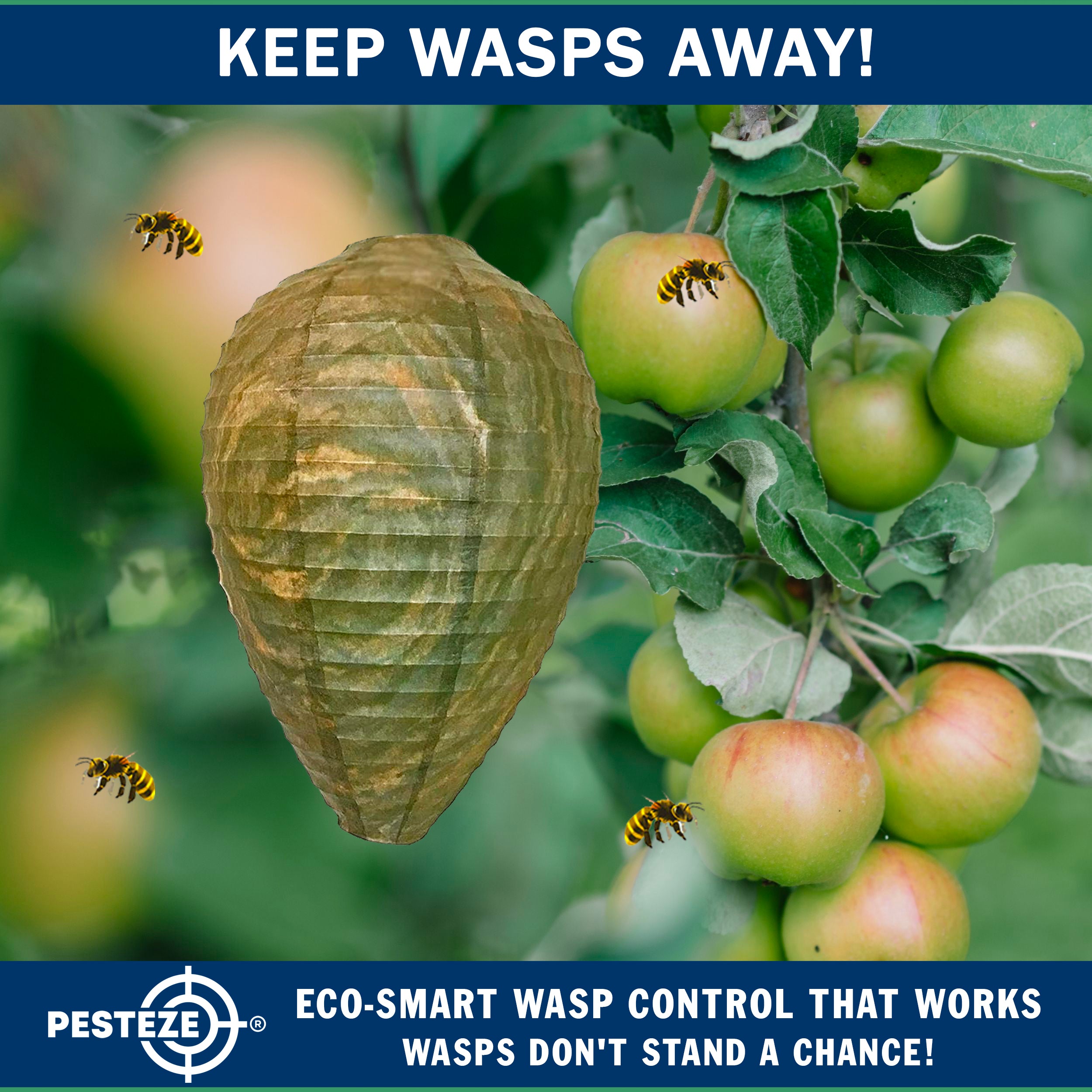 PESTEZE® USA Green Camo Paper Hanging Wasp Decoy Nest [11.8 x 8.6 Inch] Deters Several Wasp, Hornet & Yellow Jacket Species without Harsh Chemicals by Simulating Enemy Hives.