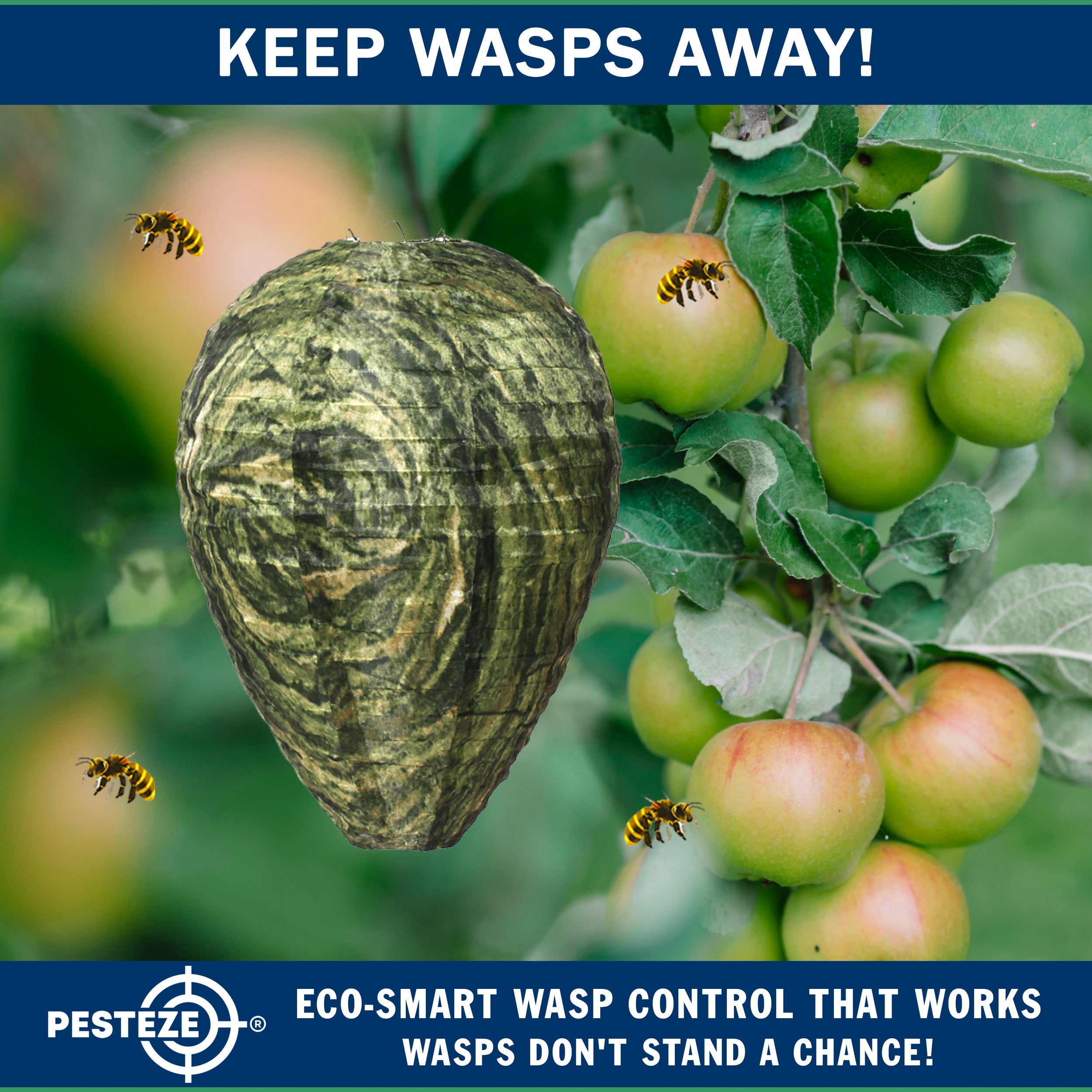 PESTEZE® USA Green Camo Waterproof Hanging Wasp Decoy Nest [11.8 x 8.6 Inch] Deters Several Wasp, Hornet & Yellow Jacket Species by Simulating Enemy Hives.