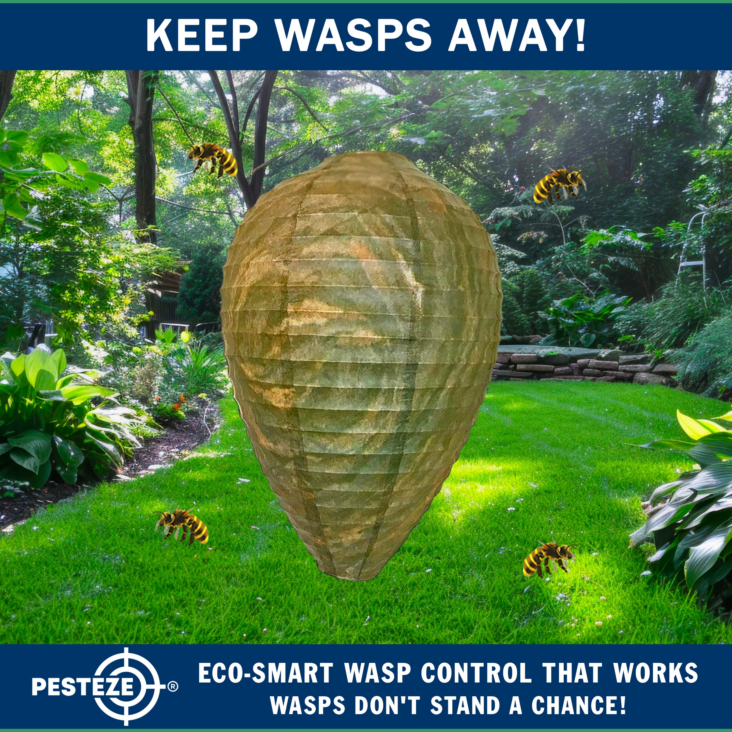 PESTEZE® USA Green Camo Paper Hanging Wasp Decoy Nest [11.8 x 8.6 Inch] Deters Several Wasp, Hornet & Yellow Jacket Species without Harsh Chemicals by Simulating Enemy Hives.