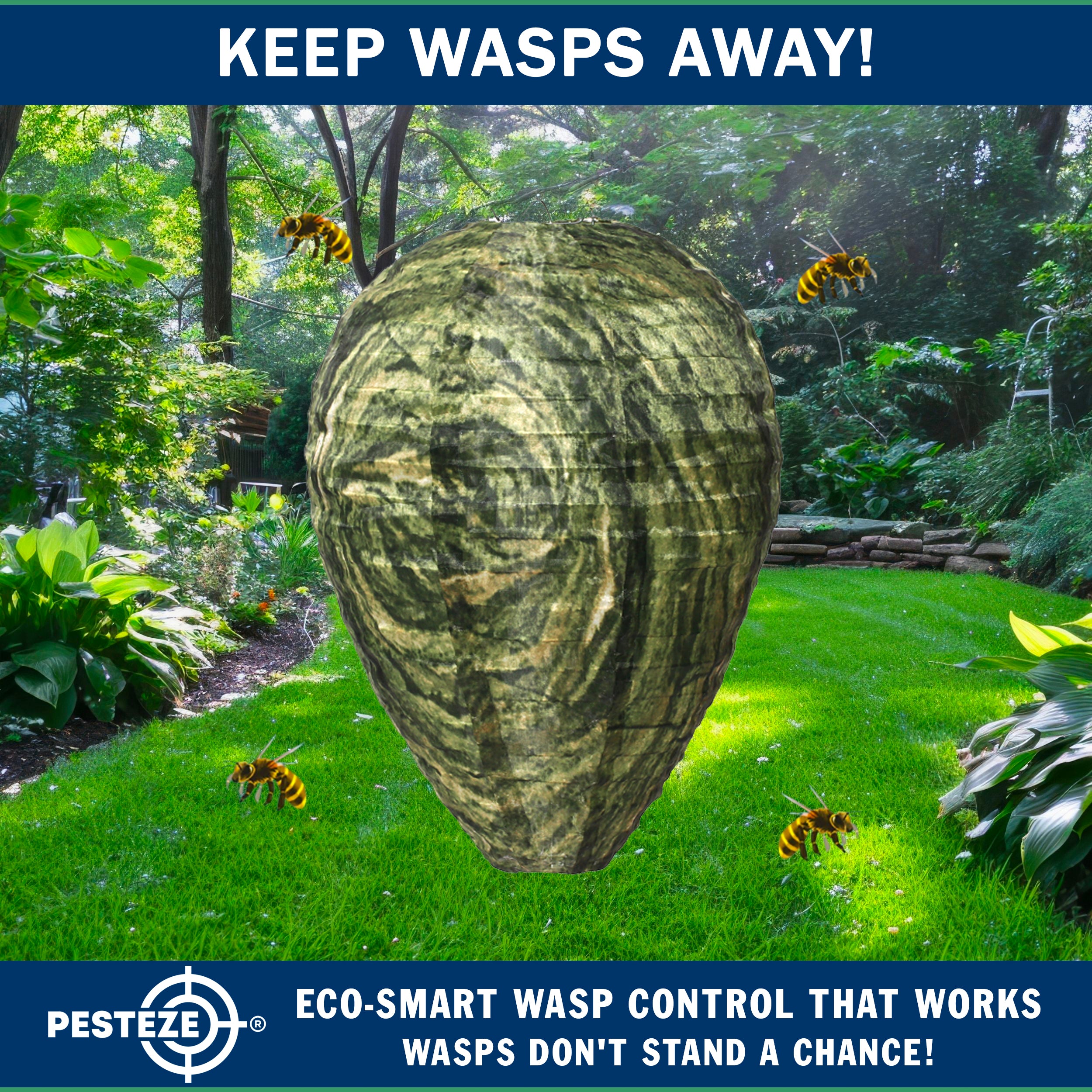 PESTEZE® USA Green Camo Waterproof Hanging Wasp Decoy Nest [11.8 x 8.6 Inch] Deters Several Wasp, Hornet & Yellow Jacket Species by Simulating Enemy Hives.