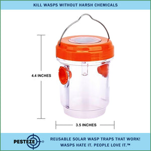 2 Pack PESTEZE® Reusable Solar Hanging Wasp Trap with LED Light [Orange: 3.5 X 4.4 Inch] Attracts, Catches & Kills Wasp, Hornet, Yellow Jacket & Insect Species 24/7 without Harsh Chemicals. Waterproof