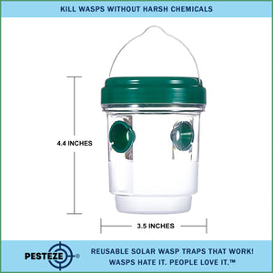 PESTEZE® Reusable Solar Hanging Wasp Trap with LED Light [Green: 3.5 X 4.4 Inch] Attracts, Catches & Kills Wasp, Hornet, Yellow Jacket & Insect Species 24/7 without Harsh Chemicals. Waterproof