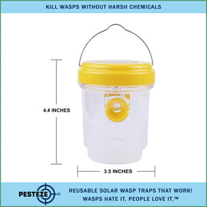 PESTEZE® Reusable Solar Hanging Wasp Trap with LED Light [Yellow: 3.5 X 4.4 Inch] Attracts, Catches & Kills Wasp, Hornet, Yellow Jacket & Insect Species 24/7 without Harsh Chemicals. Waterproof