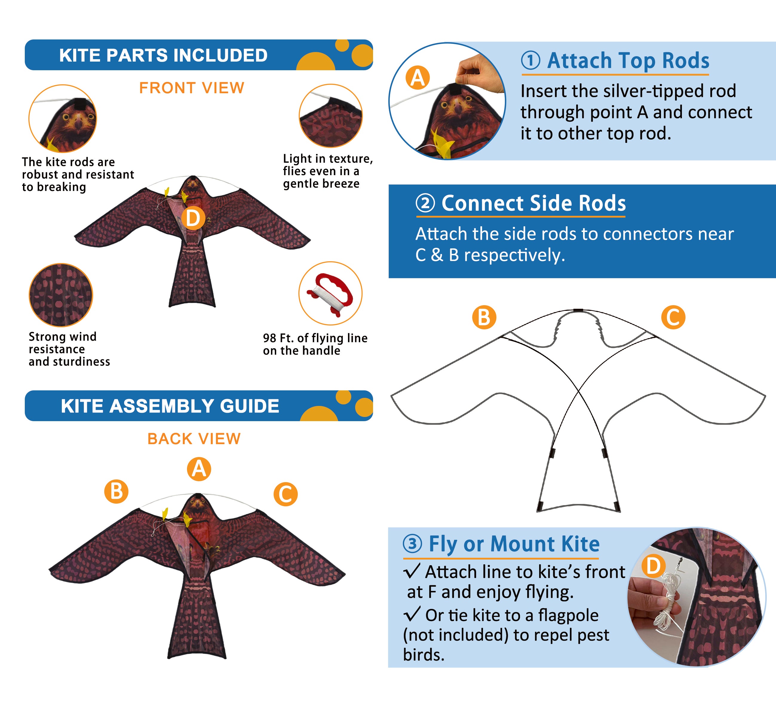 PESTEZE® USA Realistic Hawk Kite [47x27 Inch] EZ & Fun to Fly. Also Provides Humane Bird Deterrence in Yards & Farms. Protects Vegetables, Fruits & Crops from Pest Birds & Critters