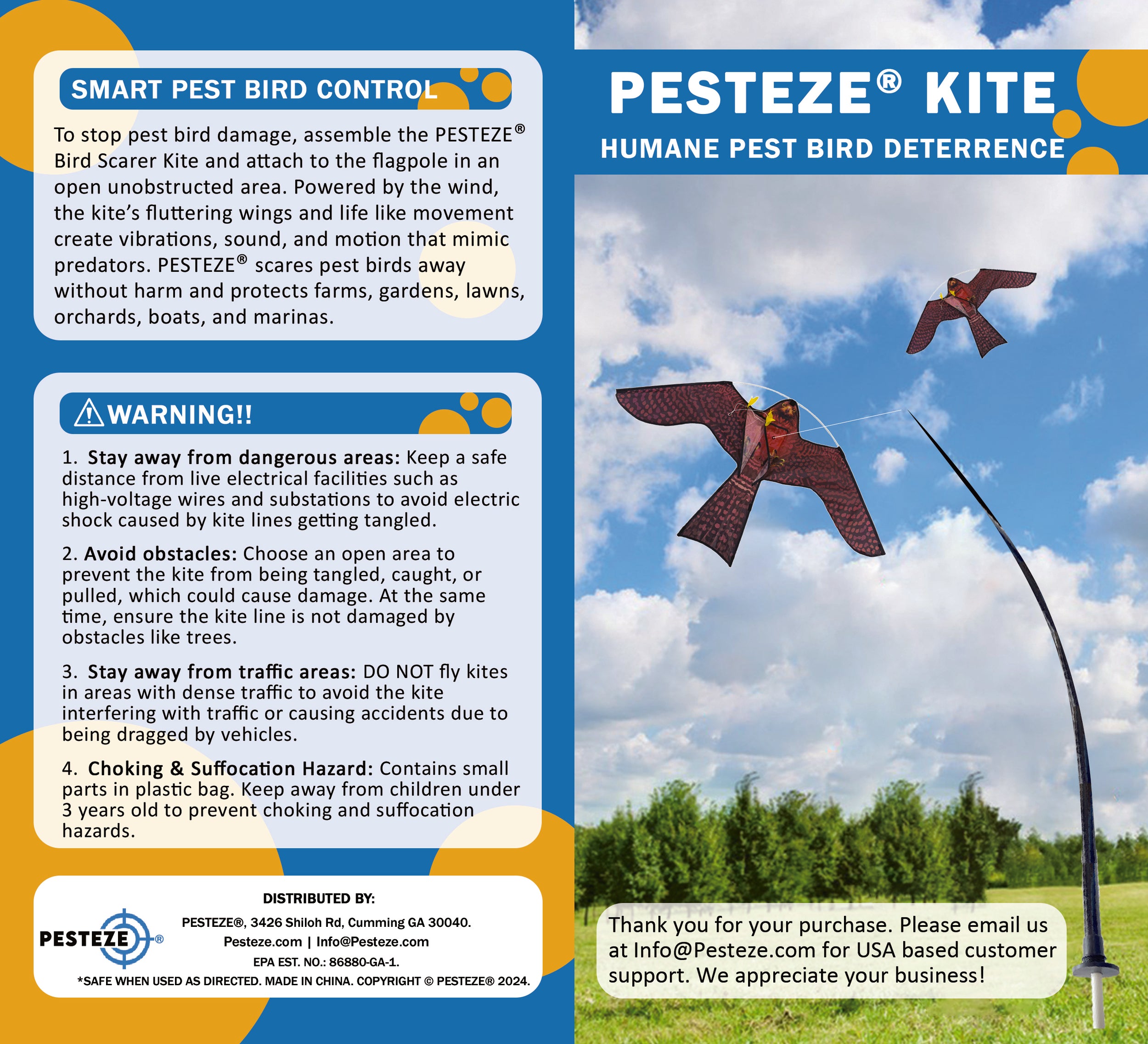 PESTEZE® USA Realistic Hawk Bird Scarer Kite [46 x 26 Inch with 13 ft Flagpole]. Use in Yards & Farms to Protect Vegetables, Fruits, Crops & Buildings from Pest Birds & Critters without Harming Them