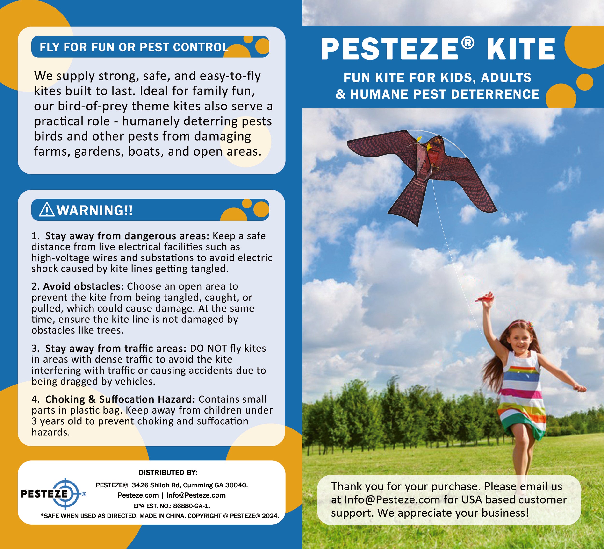 PESTEZE® USA Realistic Hawk Kite [47x27 Inch] EZ & Fun to Fly. Also Provides Humane Bird Deterrence in Yards & Farms. Protects Vegetables, Fruits & Crops from Pest Birds & Critters