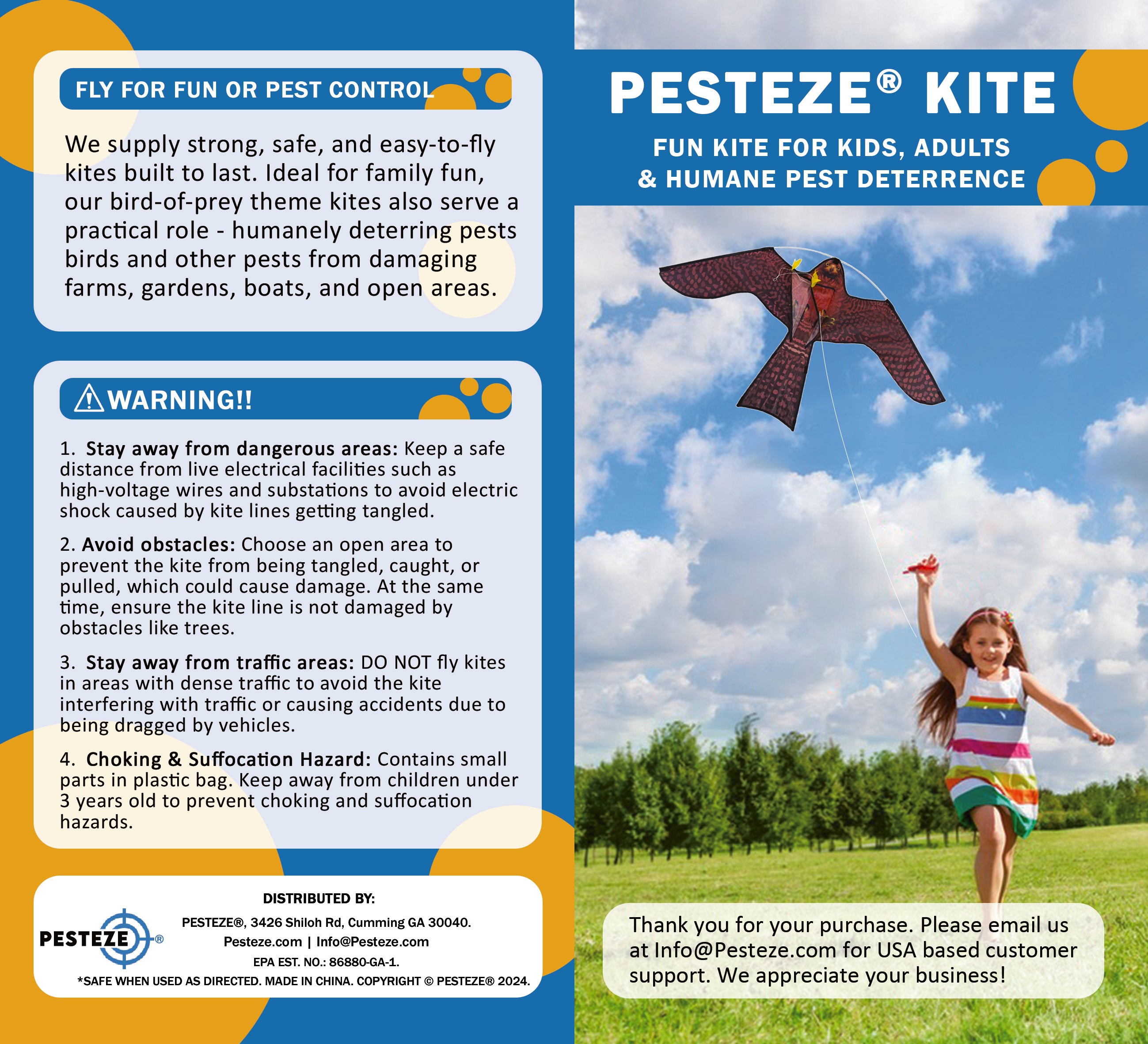 PESTEZE® USA Realistic Hawk Kite [47x27 Inch] EZ & Fun to Fly. Also Provides Humane Bird Deterrence in Yards & Farms. Protects Vegetables, Fruits & Crops from Pest Birds & Critters