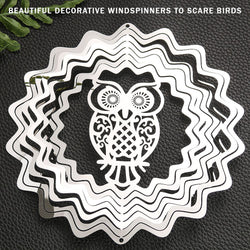 PESTEZE® Owl Stainless Steel Highly Reflective Decorative 3D Wind Spinner for Scaring Unwanted Pest Birds & Critters. 6 x 9 Inch Premium Shiny, Attractive, Sturdy, Everlasting & Humane Bird Control