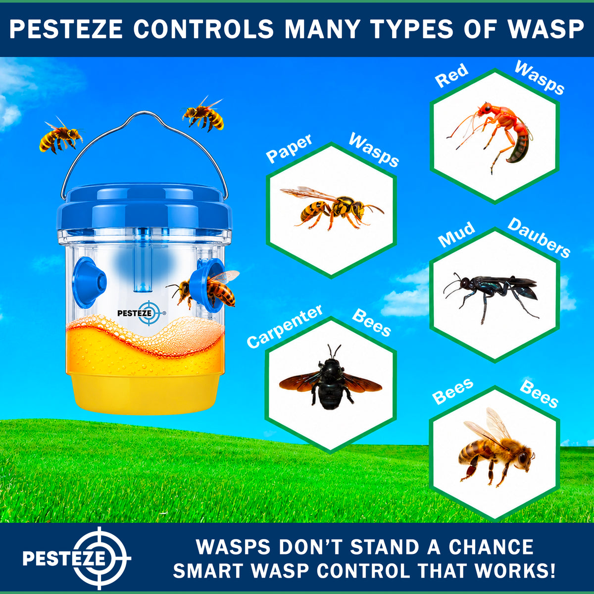 PESTEZE® USA Reusable Solar Hanging Wasp Trap with LED Light [Blue: 3.5 x 4.4 Inch] Attracts, & Stop Wasp, Hornet, Yellow Jacket & Insect Species 24/7 Without Harsh– Waterproof Outdoor Trap