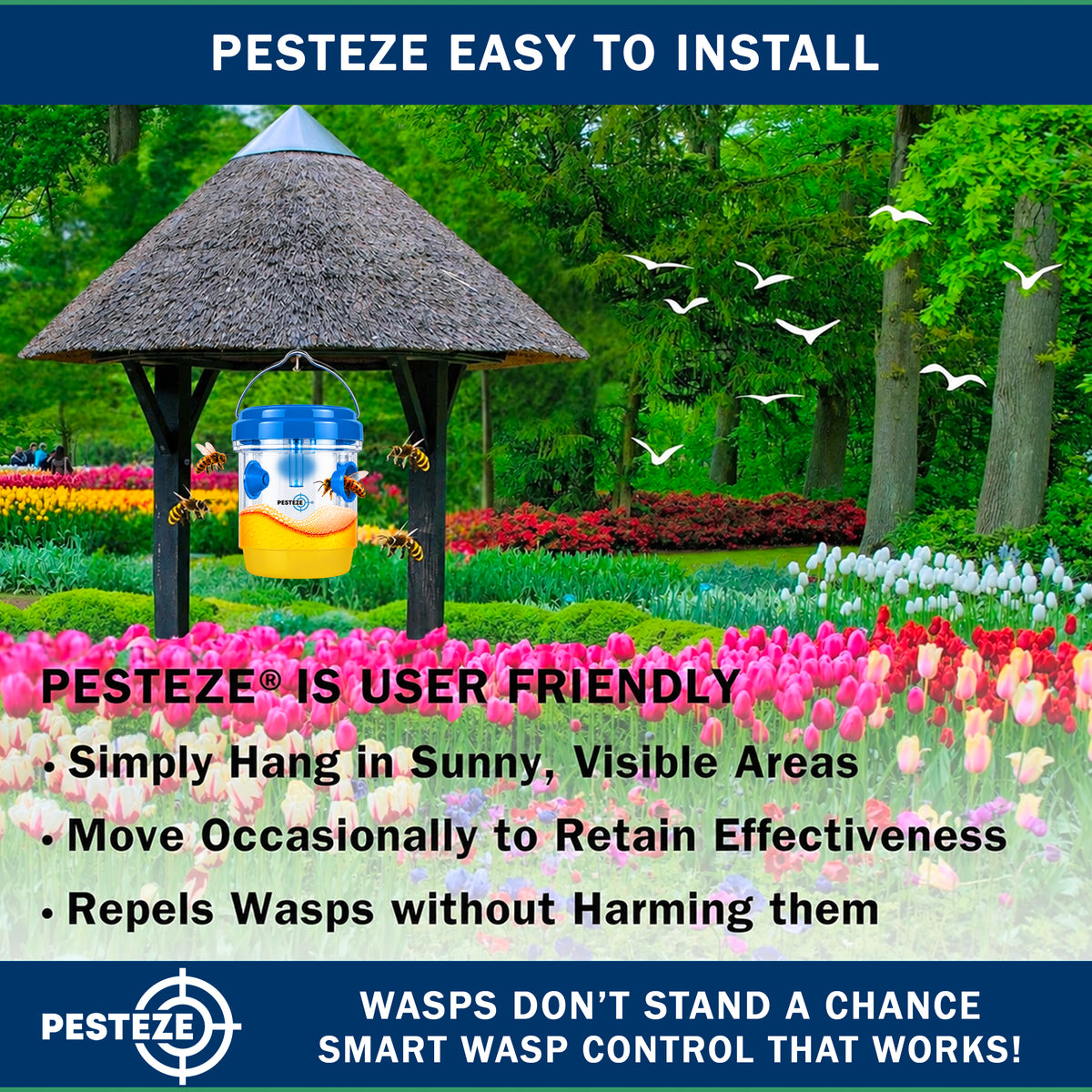 PESTEZE® USA Reusable Solar Hanging Wasp Trap with LED Light [Blue: 3.5 x 4.4 Inch] Attracts, & Stop Wasp, Hornet, Yellow Jacket & Insect Species 24/7 Without Harsh– Waterproof Outdoor Trap