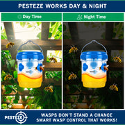 PESTEZE® USA Reusable Solar Hanging Wasp Trap with LED Light [Blue: 3.5 x 4.4 Inch] Attracts, & Stop Wasp, Hornet, Yellow Jacket & Insect Species 24/7 Without Harsh– Waterproof Outdoor Trap