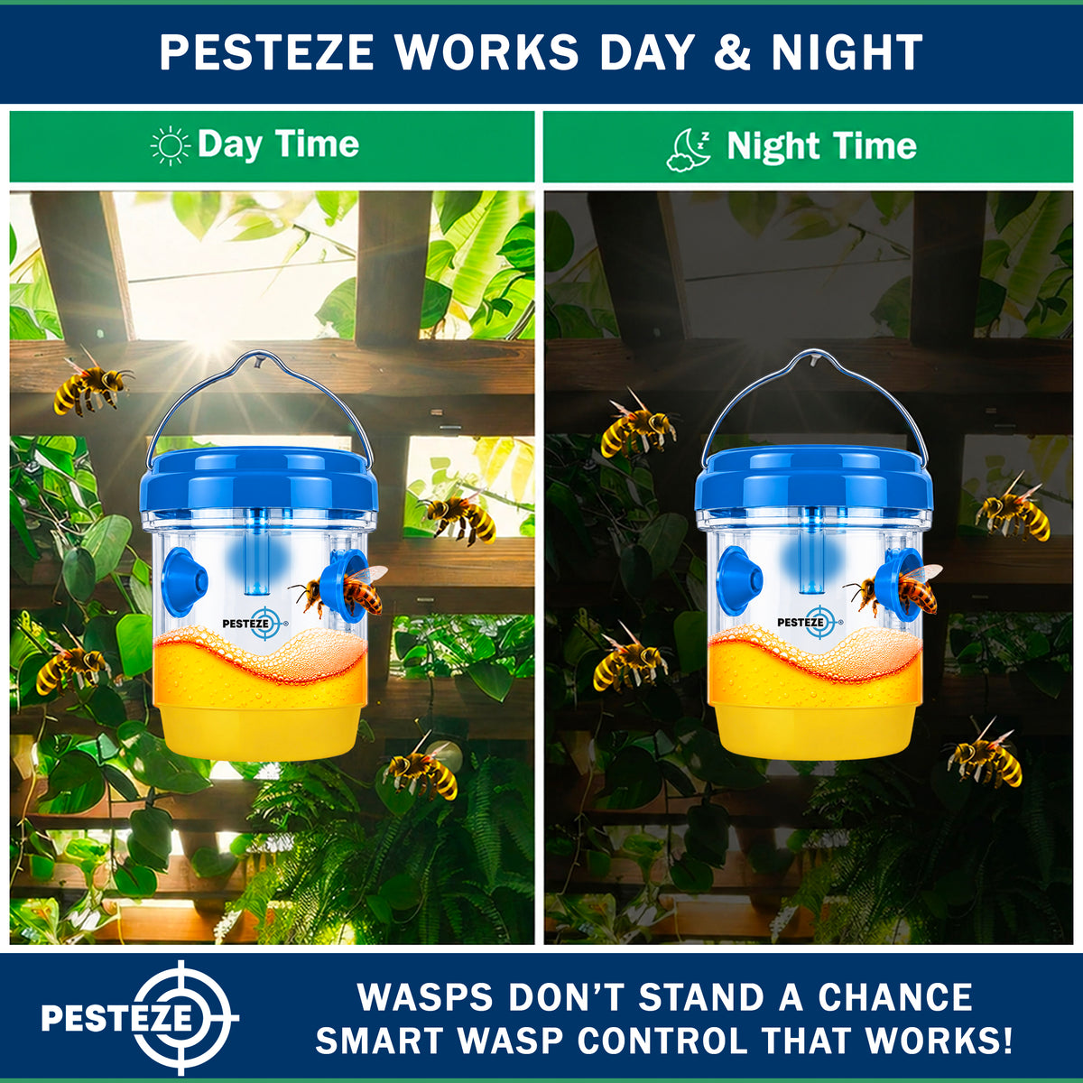 PESTEZE® USA Reusable Solar Hanging Wasp Trap with LED Light [Blue: 3.5 x 4.4 Inch] Attracts, & Stop Wasp, Hornet, Yellow Jacket & Insect Species 24/7 Without Harsh– Waterproof Outdoor Trap